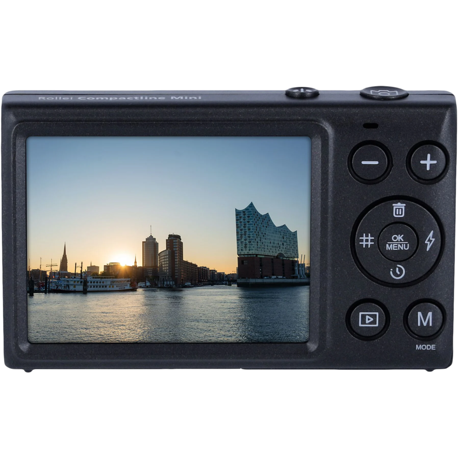 A black camera with a screen displaying a cityscape at sunset.