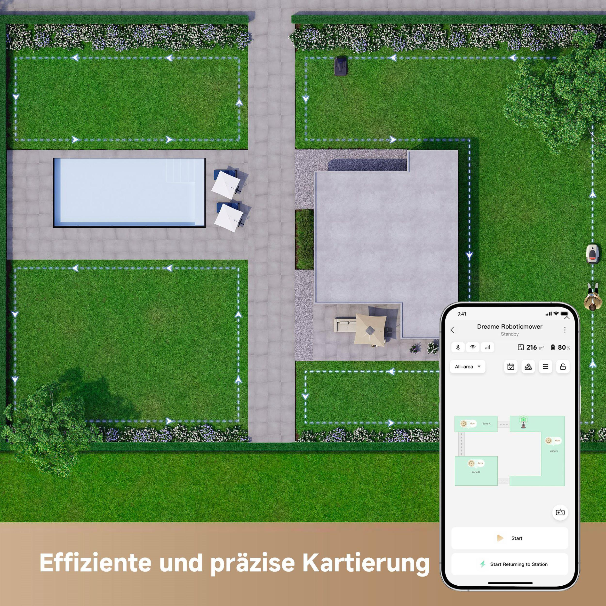 Draufsicht zeigt einen Roboter-Rasenmäher und eine Smartphone-App, die ihn steuert, in einem Garten.