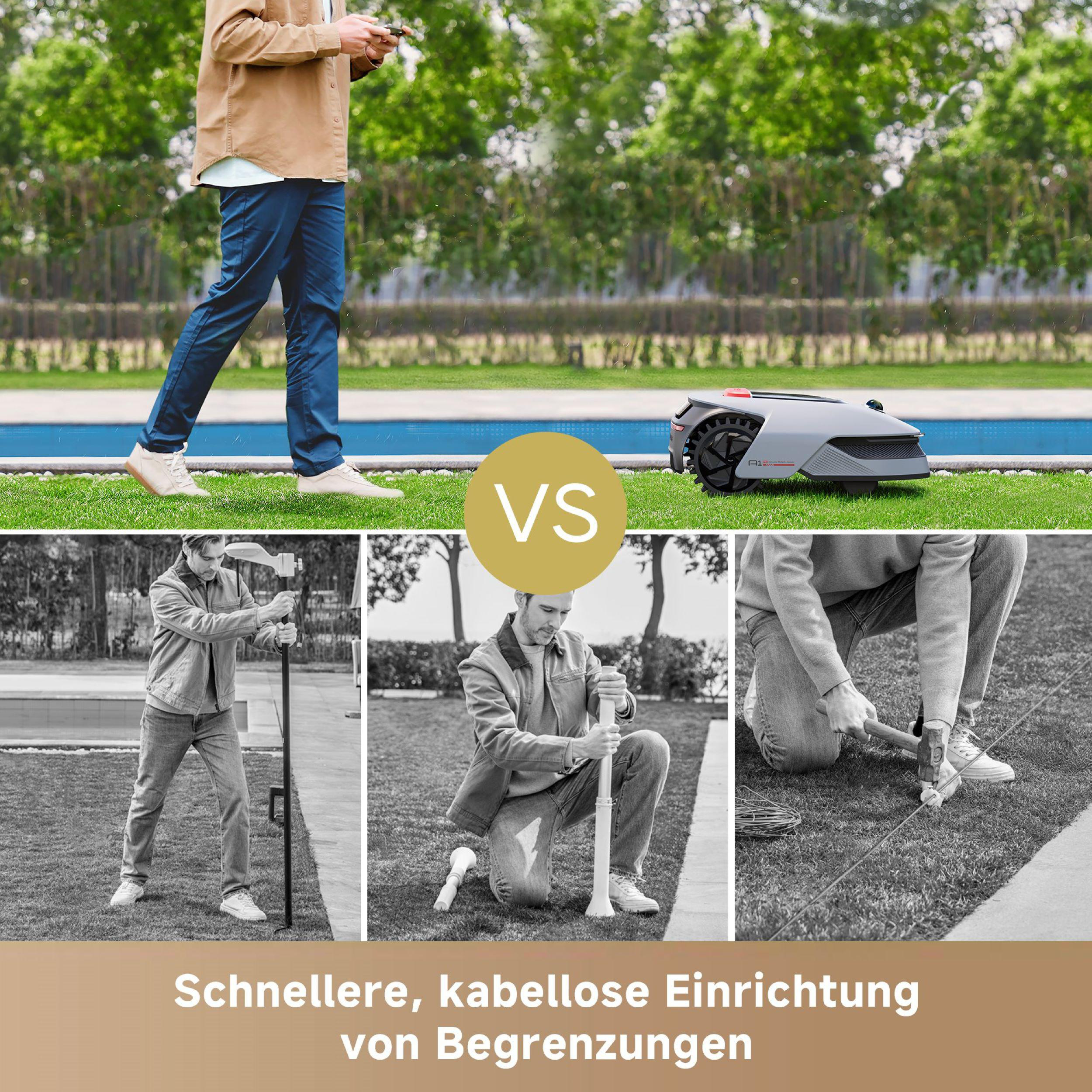 Ein Roboter-Rasenmäher neben Leuten, die auf einem Rasen arbeiten.