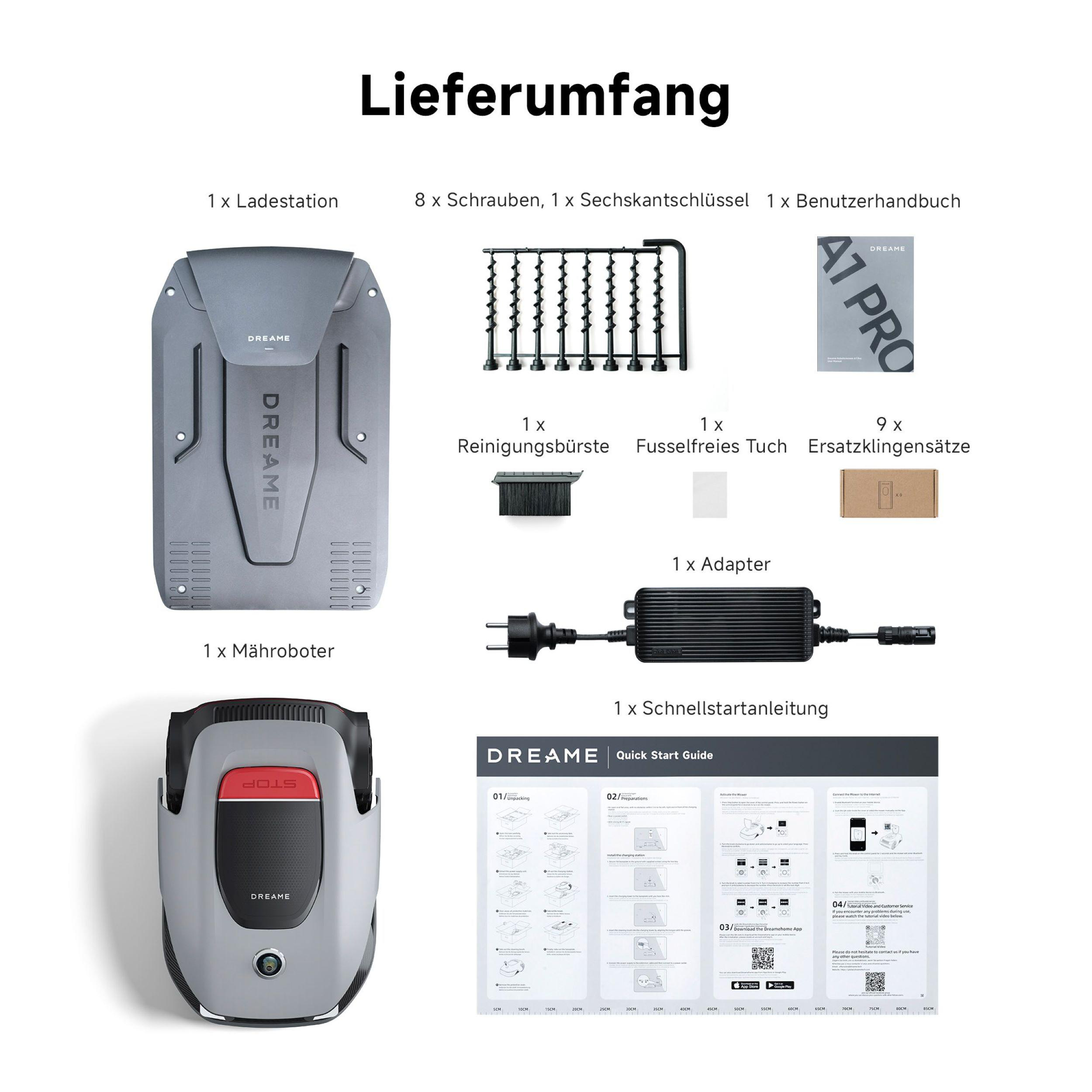 Verschiedene Teile eines Dreame A1 Pro Roboterstaubsaugers und Ladegeräts, mit einer Schnellstartanleitung.