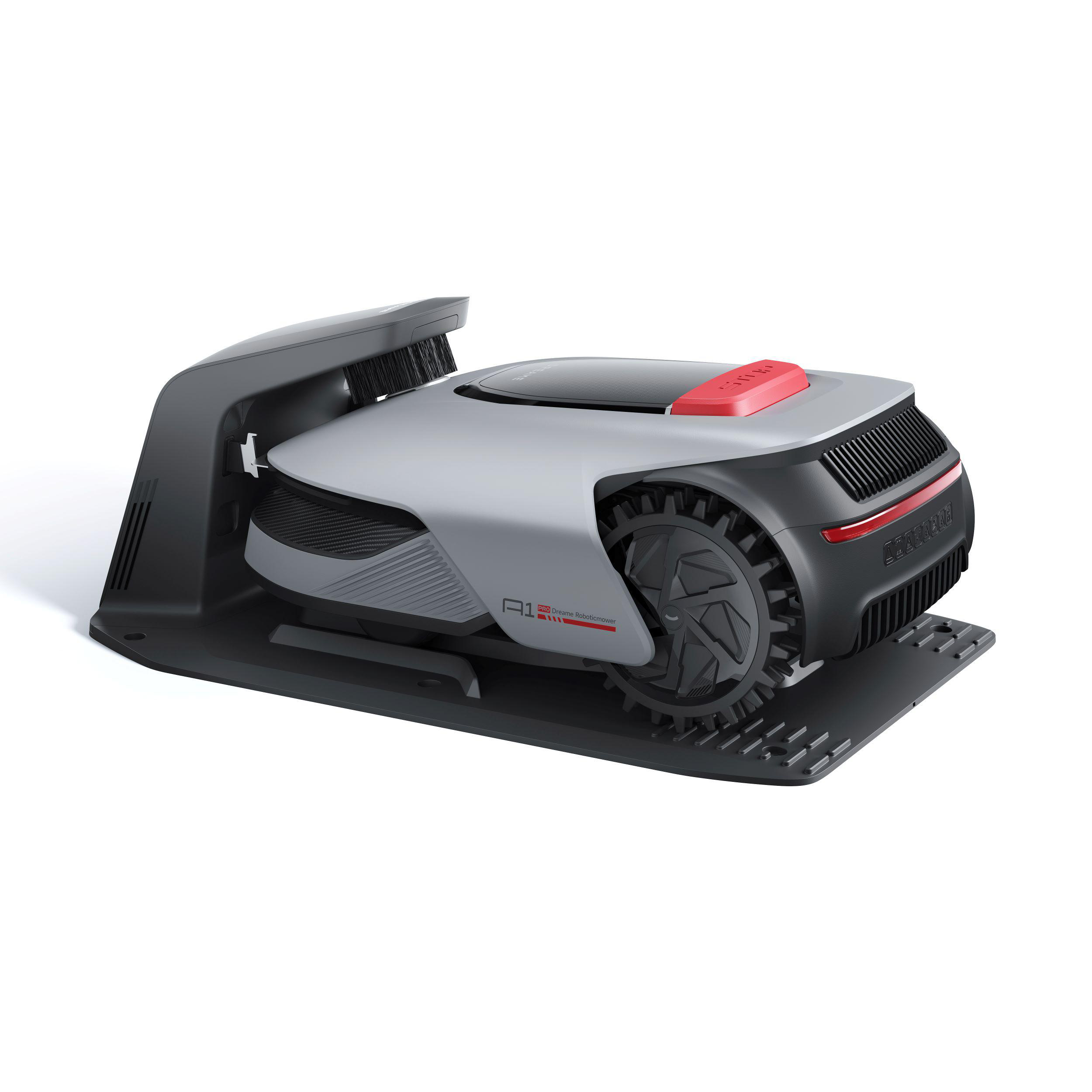 Mähroboter auf einer Ladestation, mit einem schwarz-grauen Design.