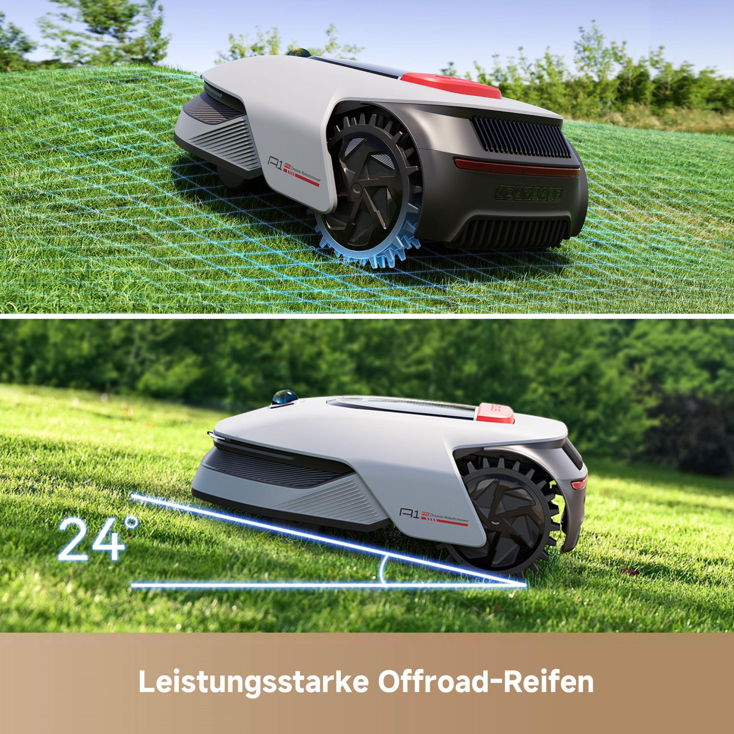 Mähroboter auf Gras, zeigt seine Räder und einen 24-Grad-Winkel.