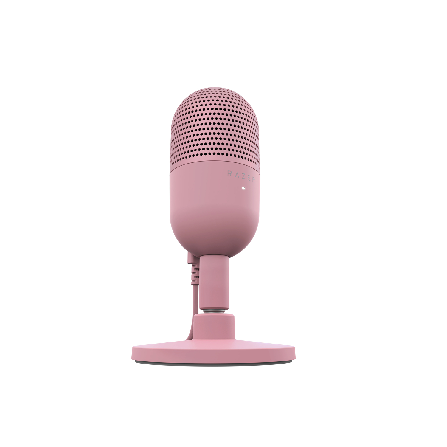 A pink Razer microphone on a pink stand with a white background.