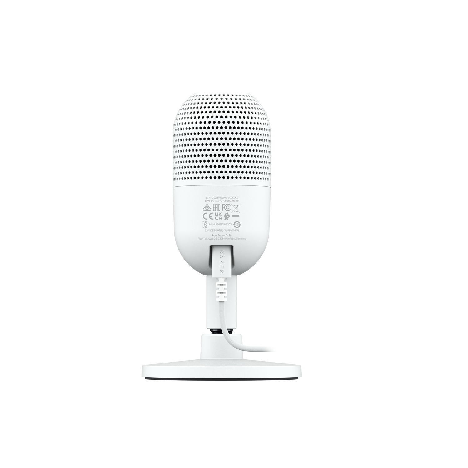 Witte microfoon met een standaard, gericht op de camera.