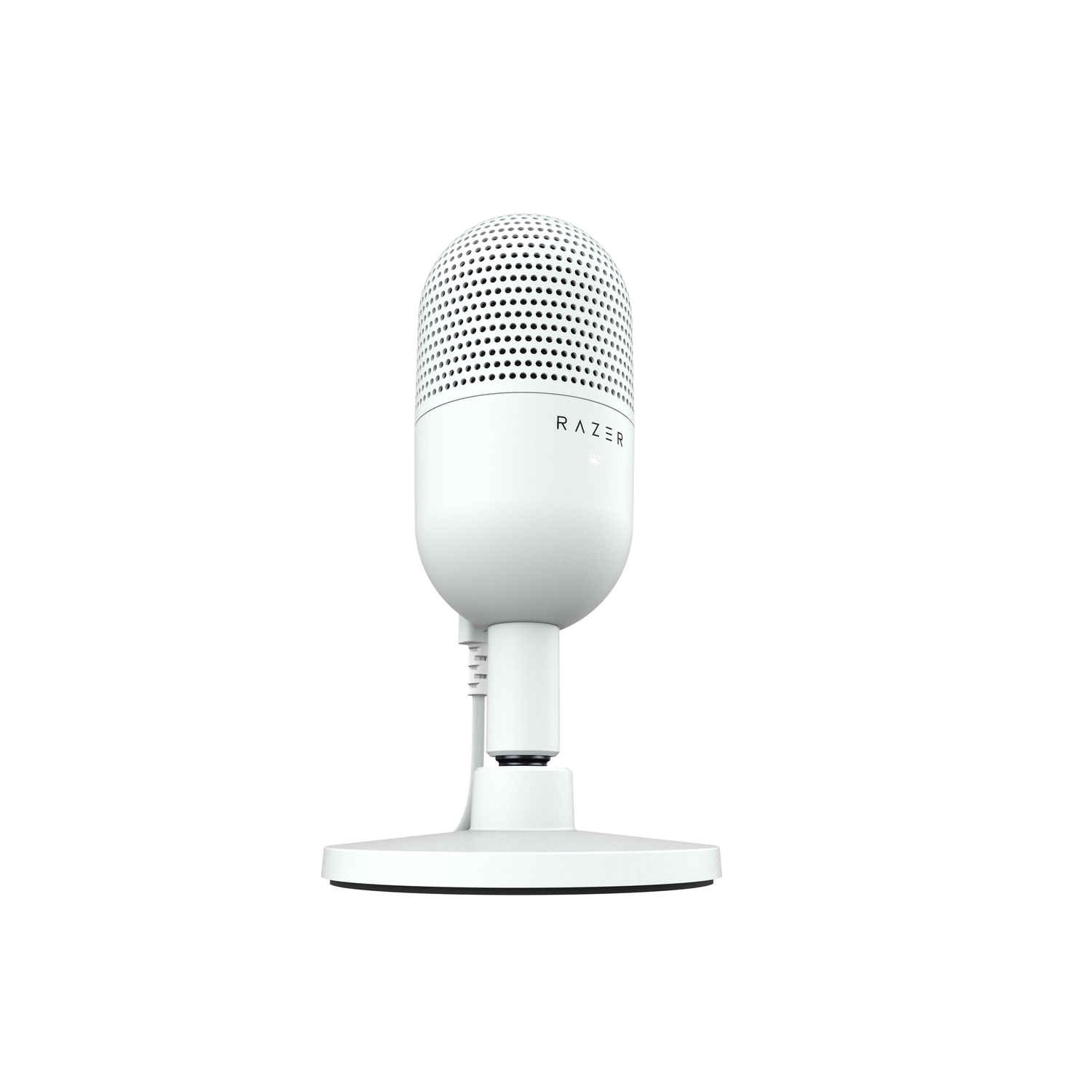 Witte Razer microfoon op een standaard, naar voren gericht, met Razer logo.