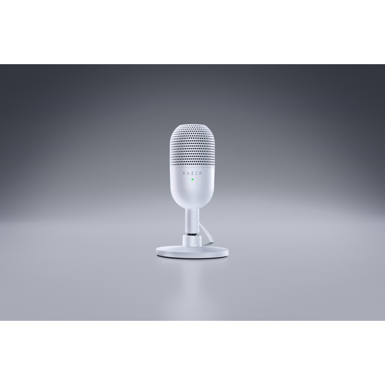 Witte microfoon op een standaard, Razer-logo.
