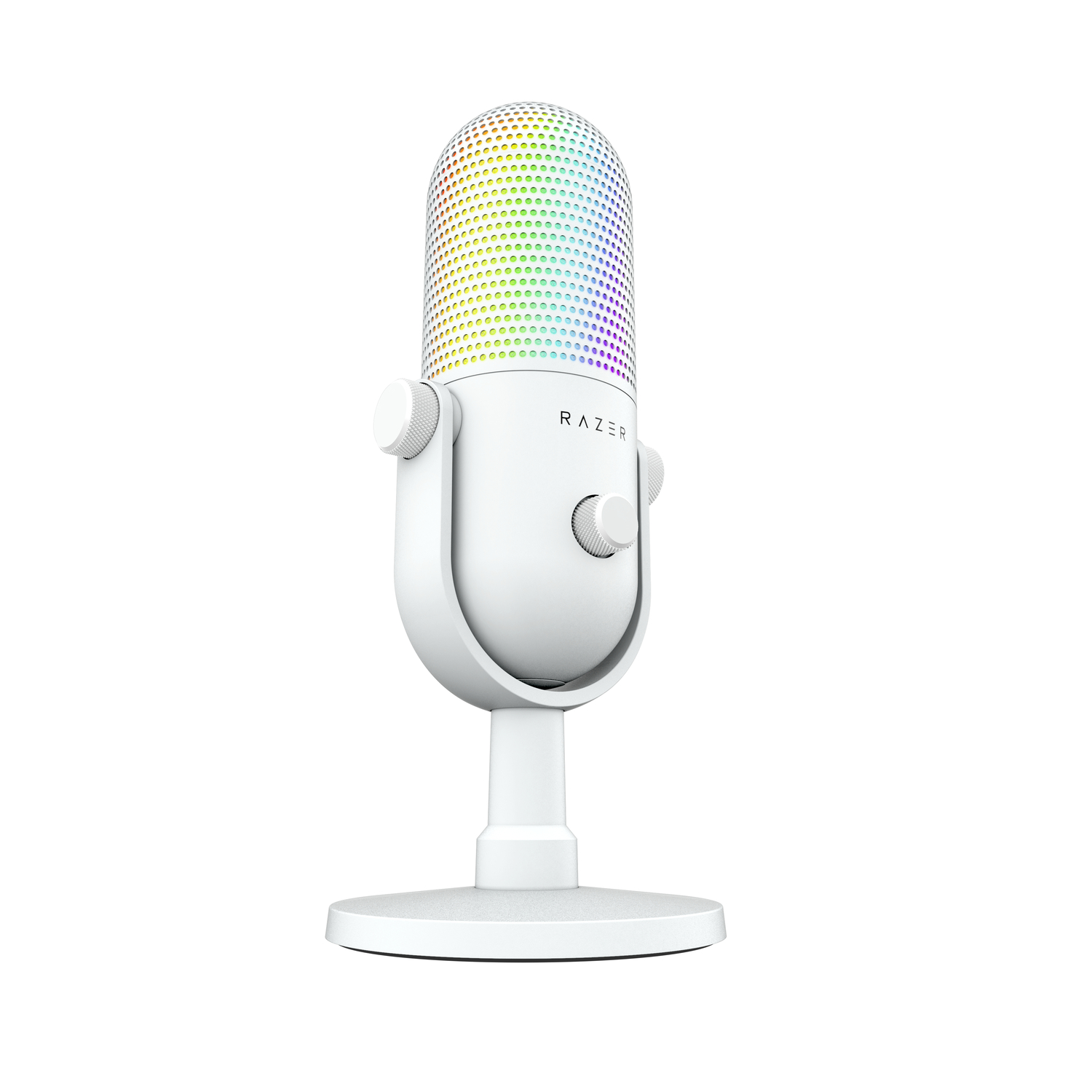 Witte Razer microfoon met veelkleurige lichten aan de bovenkant. Het staat op een standaard.