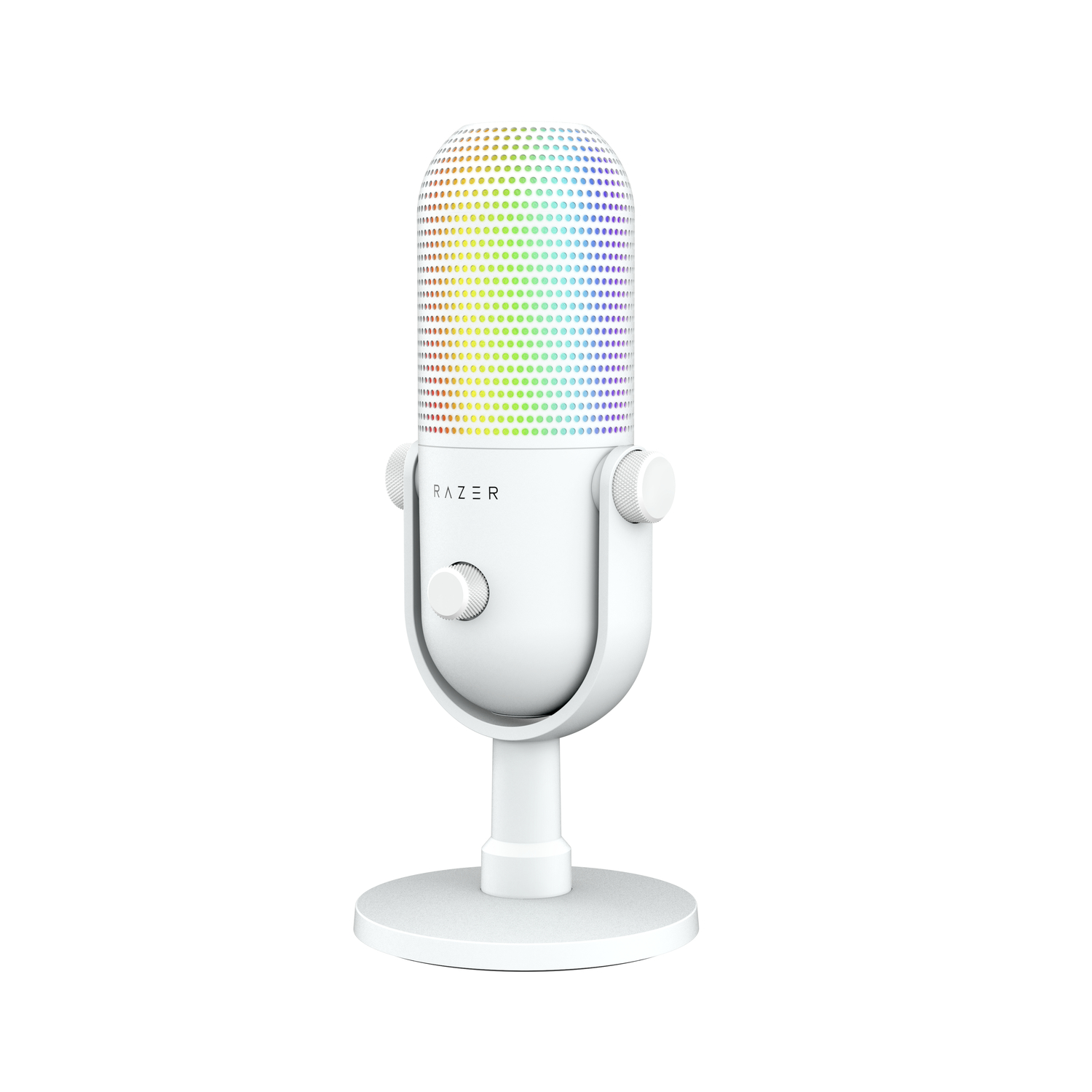 Een witte Razer microfoon op een wit oppervlak, met een kleurrijk oplichtende bovenkant.