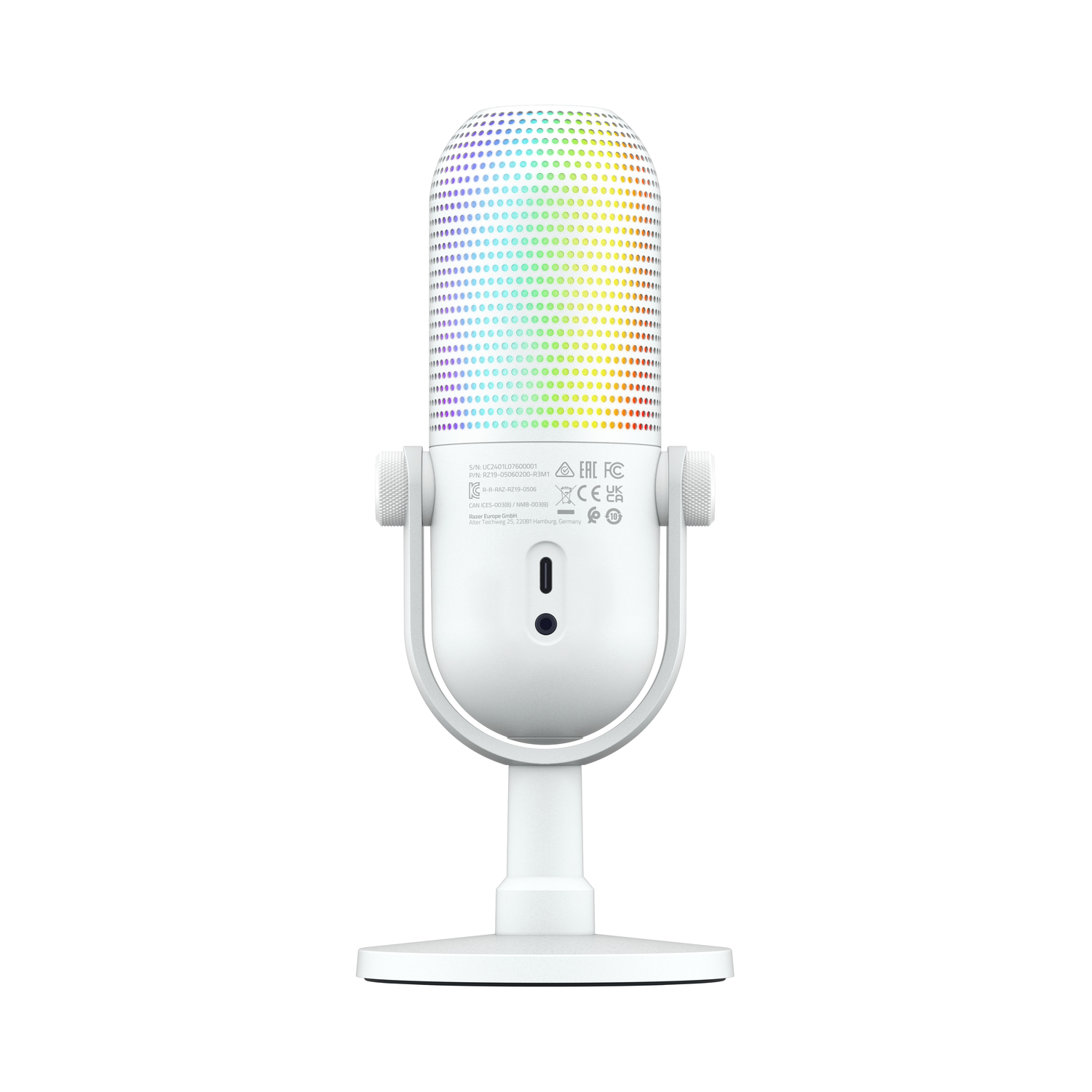 Witte microfoon met RGB-verlichting. Op een witte standaard. Geïsoleerd op witte achtergrond.