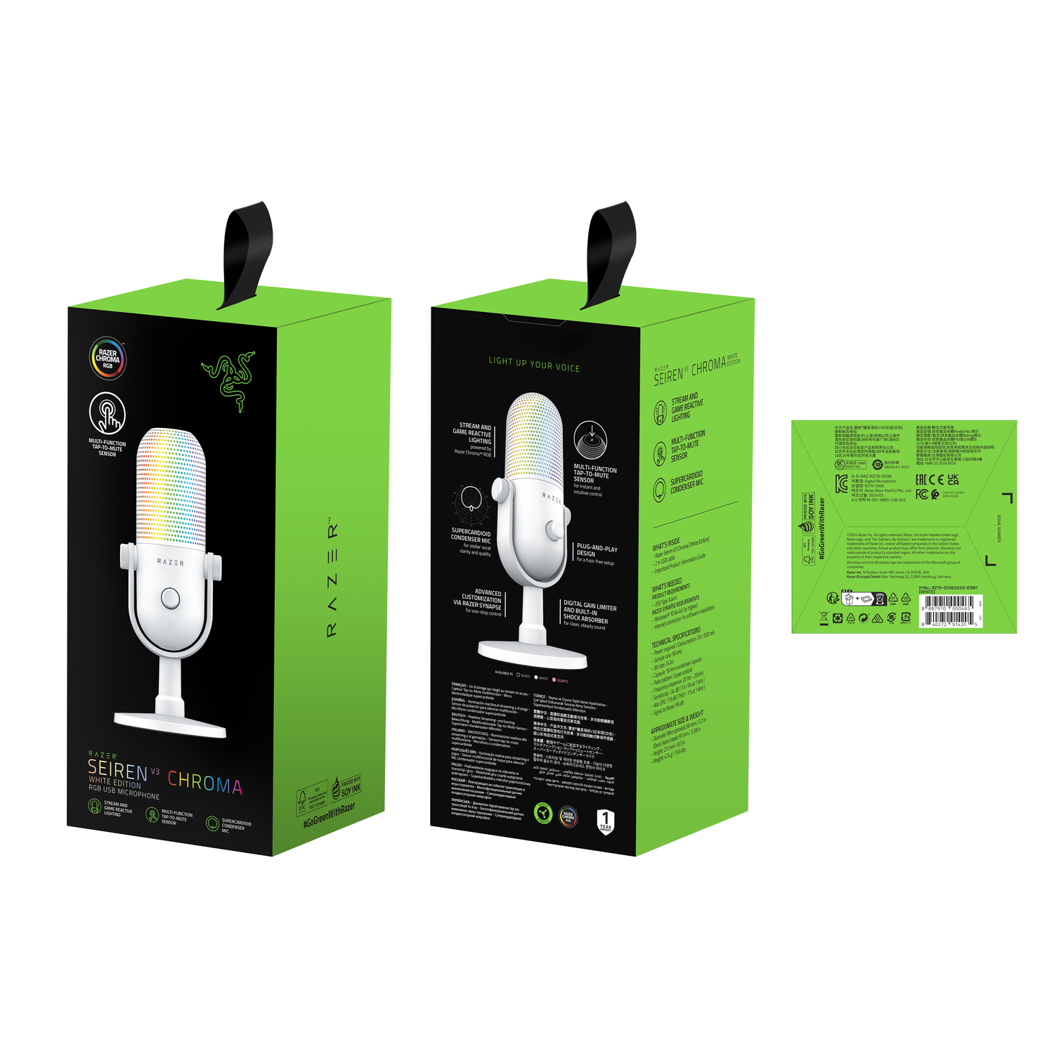 Een witte Razer Seiren Chroma microfoon in de doos, voor- en zijaanzicht.