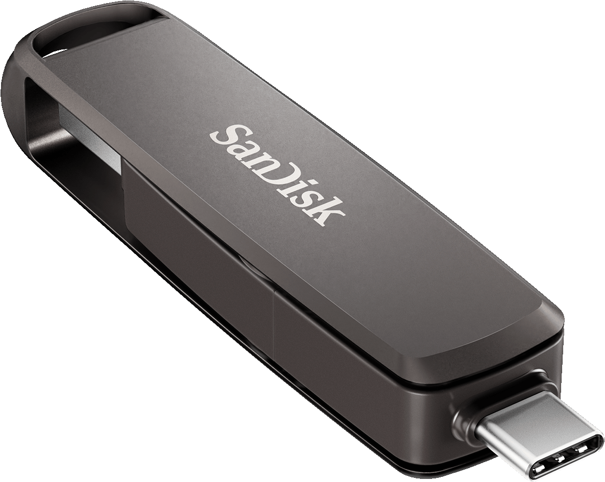 Dunkelgrauer SanDisk USB-Flash-Laufwerk mit USB-C-Anschluss.
