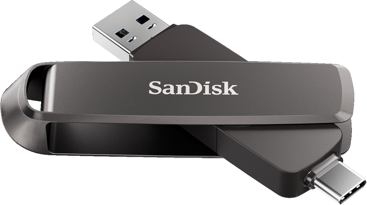 Ein grauer Sandisk USB-Stick mit USB- und USB-C-Anschluss.