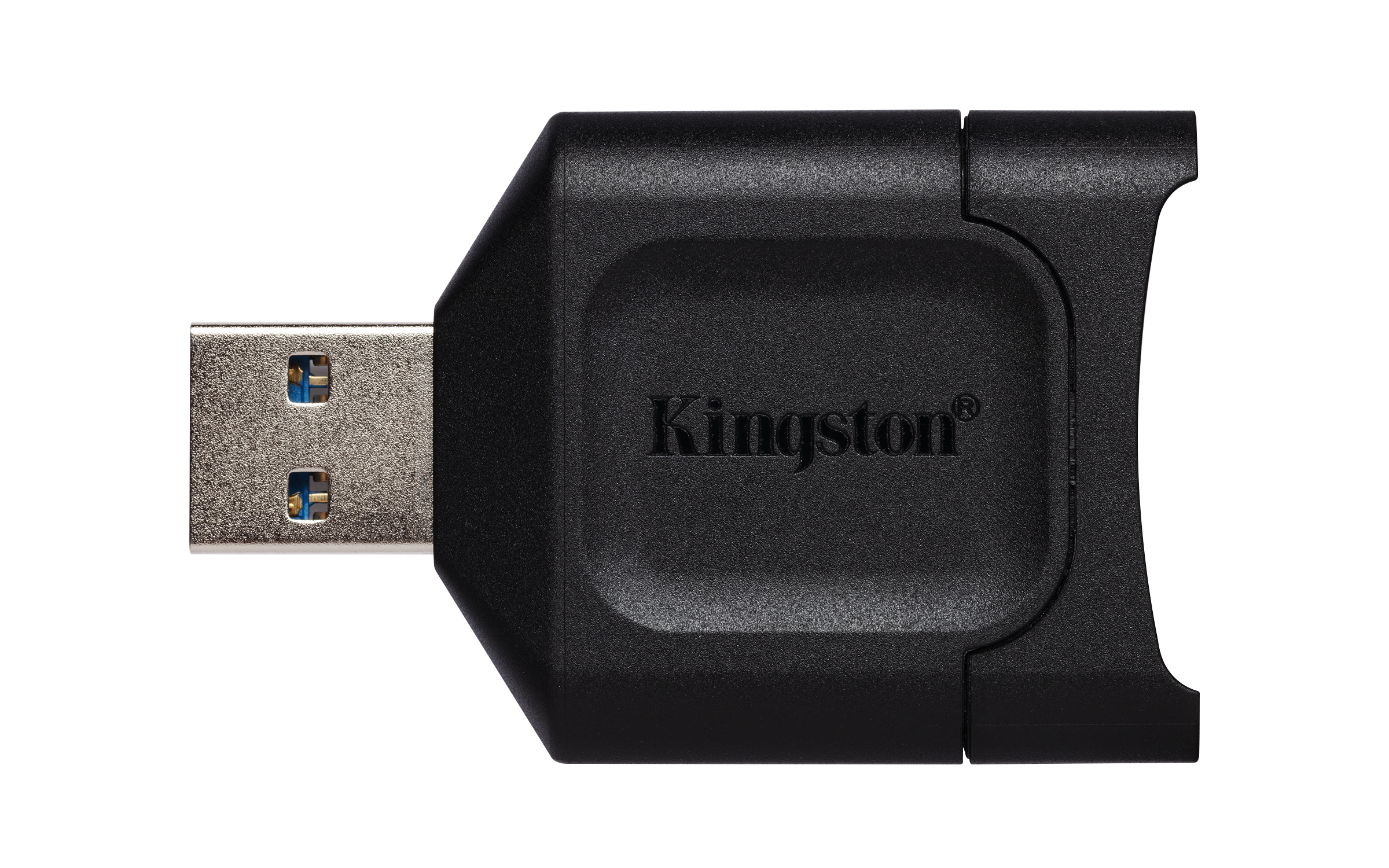 Ein schwarzes Kingston USB-Kartenlesegerät mit Kingston-Logo.