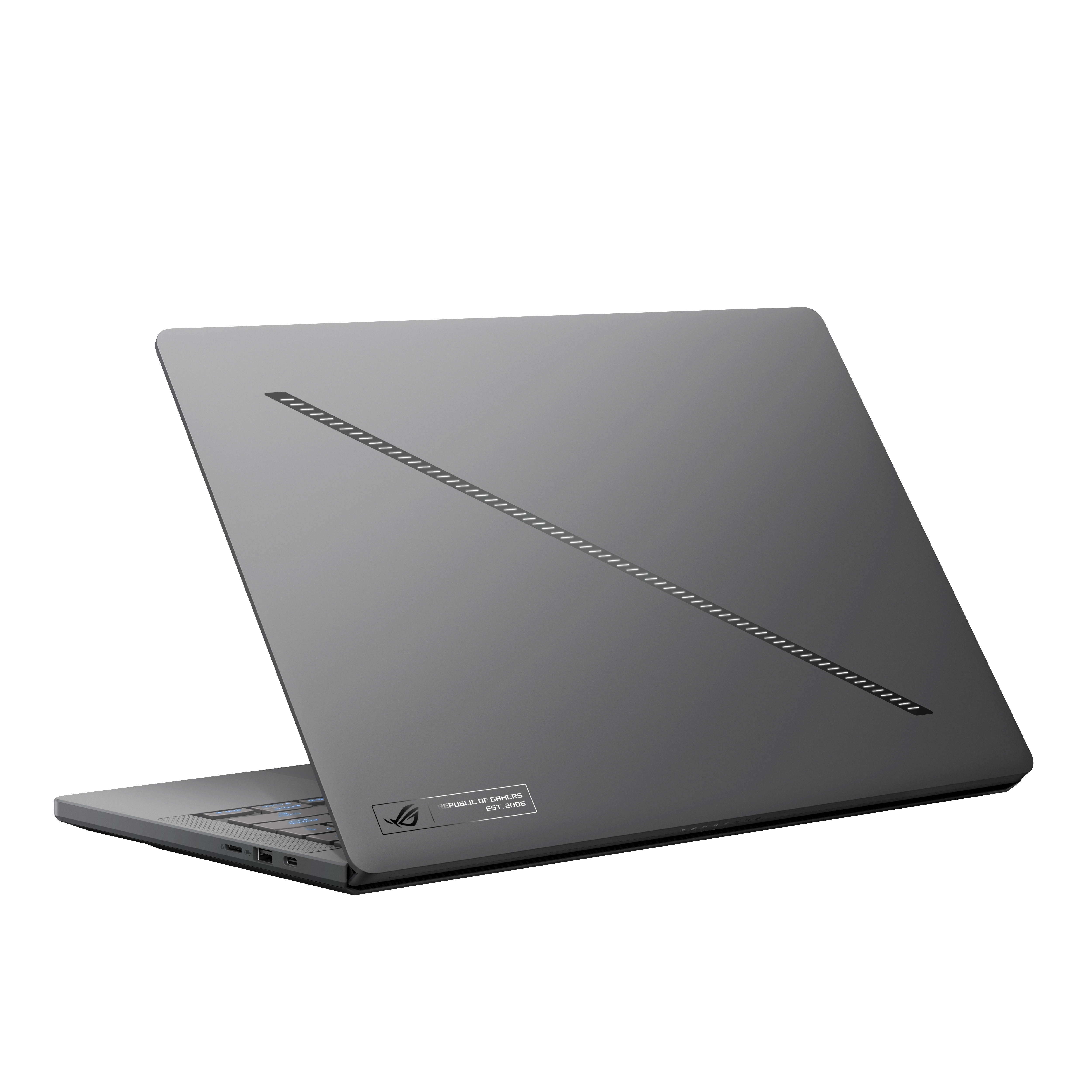 Rückseite eines grauen Laptops mit diagonalem Liniendesign und Logo.