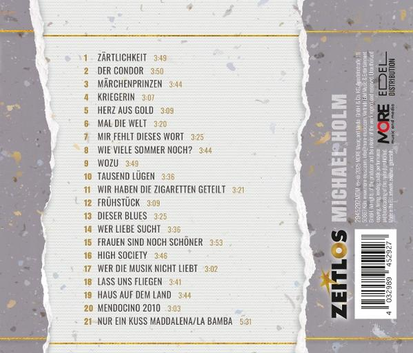 Die Rückseite einer CD-Hülle mit Titelliste und dem Künstlernamen Michael Holm.
