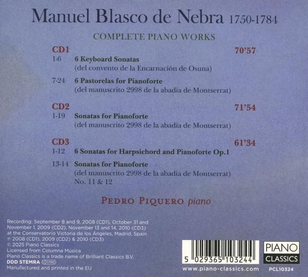 Ein CD-Cover mit Text über Complete Piano Works von Manuel Blasco de Nebra und einem Klavier.