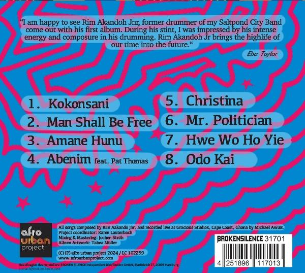Albumcover mit Text und Songliste. Rosa-blaues Farbschema. Broken Silence Label.