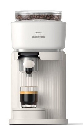 Biały ekspres do kawy Philips barista, ze szklanką, ziarnami kawy i czarną kawą.