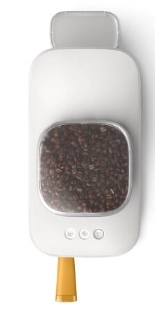 Biały pojemnik na ziarna kawy z przezroczystym okienkiem i przyciskami.