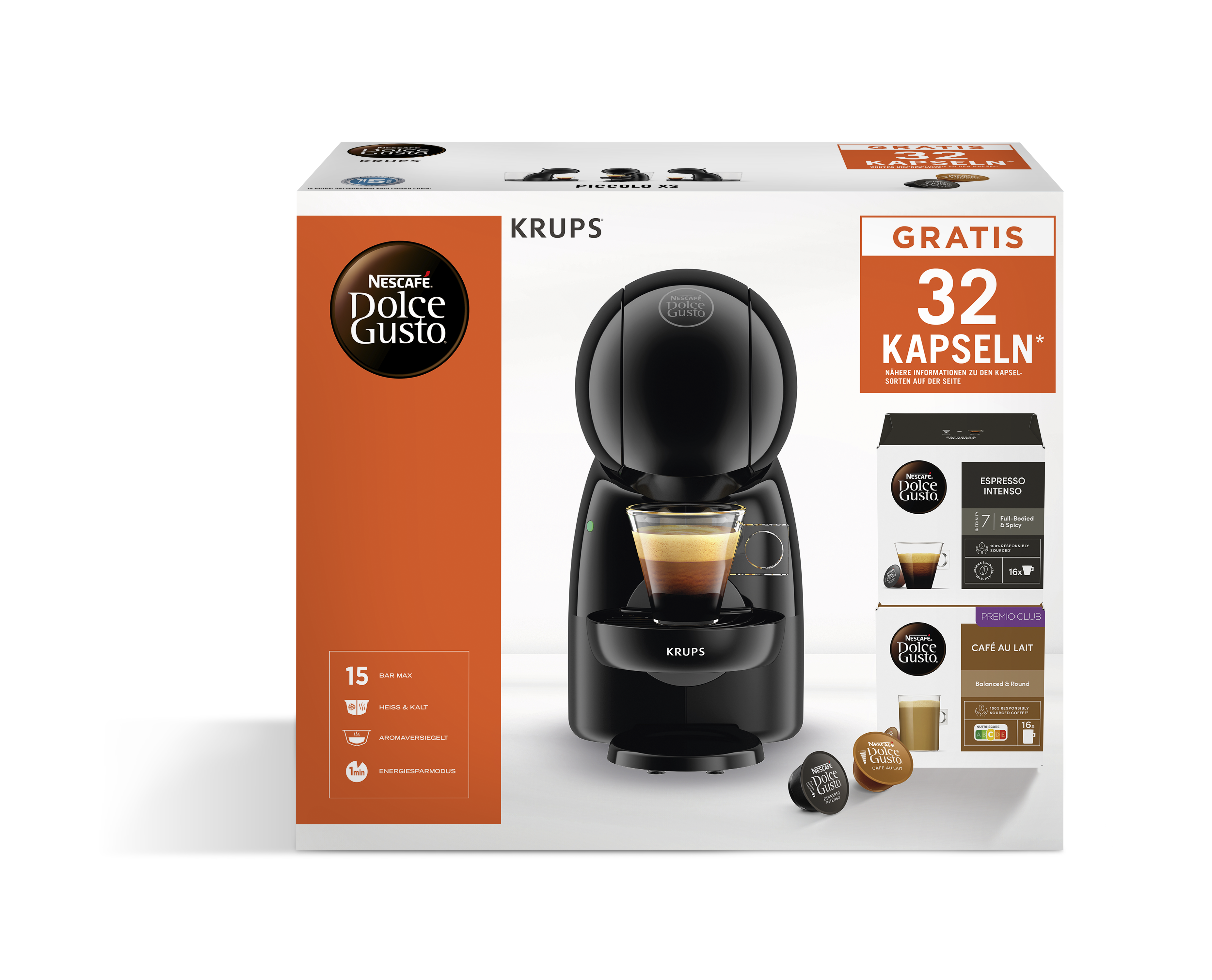 Schwarze Krups Dolce Gusto Kaffeemaschine mit einer Schachtel Kaffeepads.