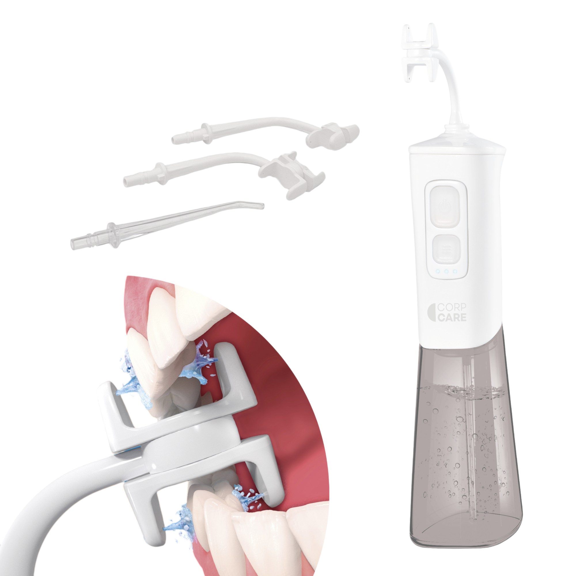 Zahnwasser-Flosser. Zeigt Spitzen und Verwendung. Weißes Gerät mit Wasserbehälter.