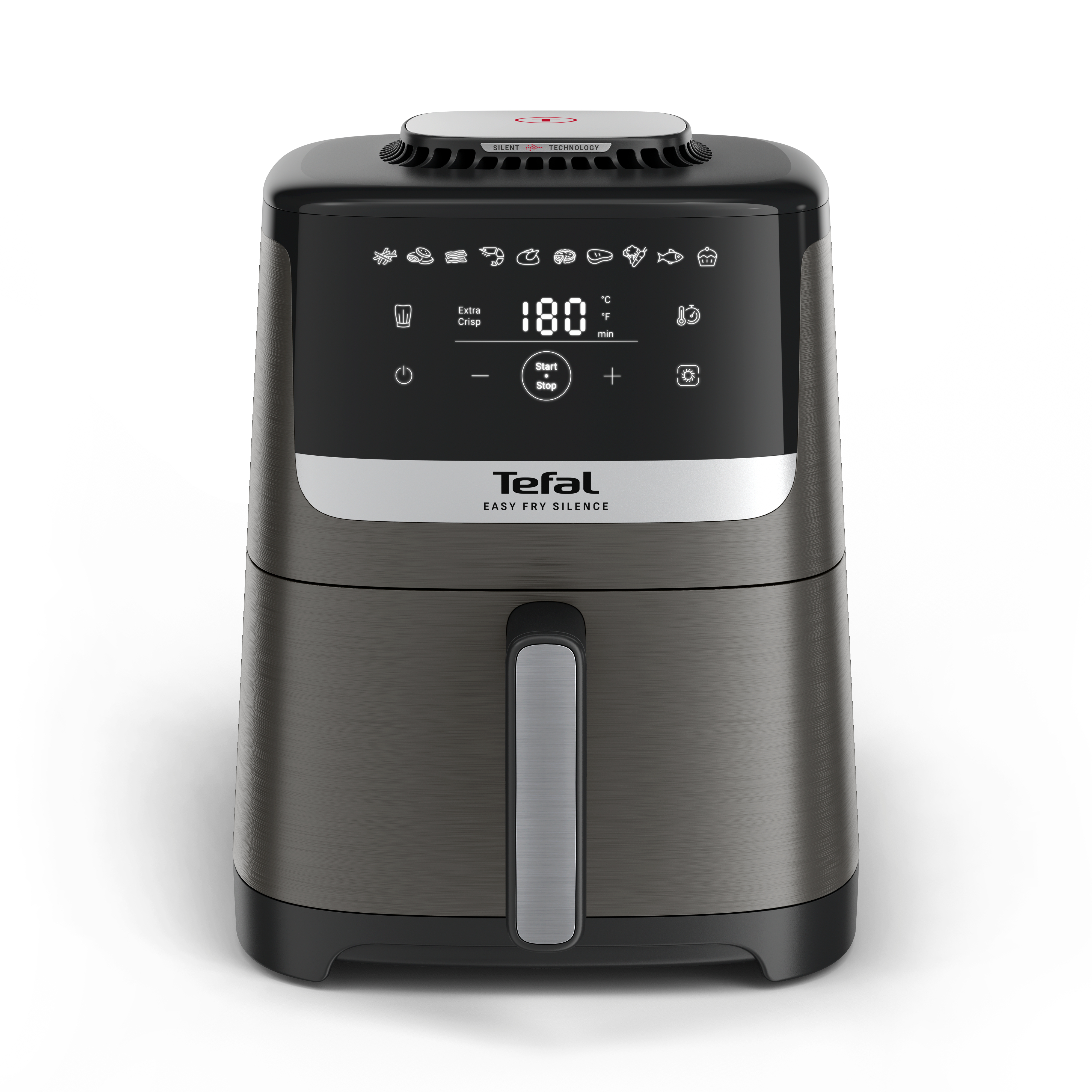 Schwarze Heißluftfritteuse mit Digitalanzeige, Knöpfen und Griff, Marke Tefal.