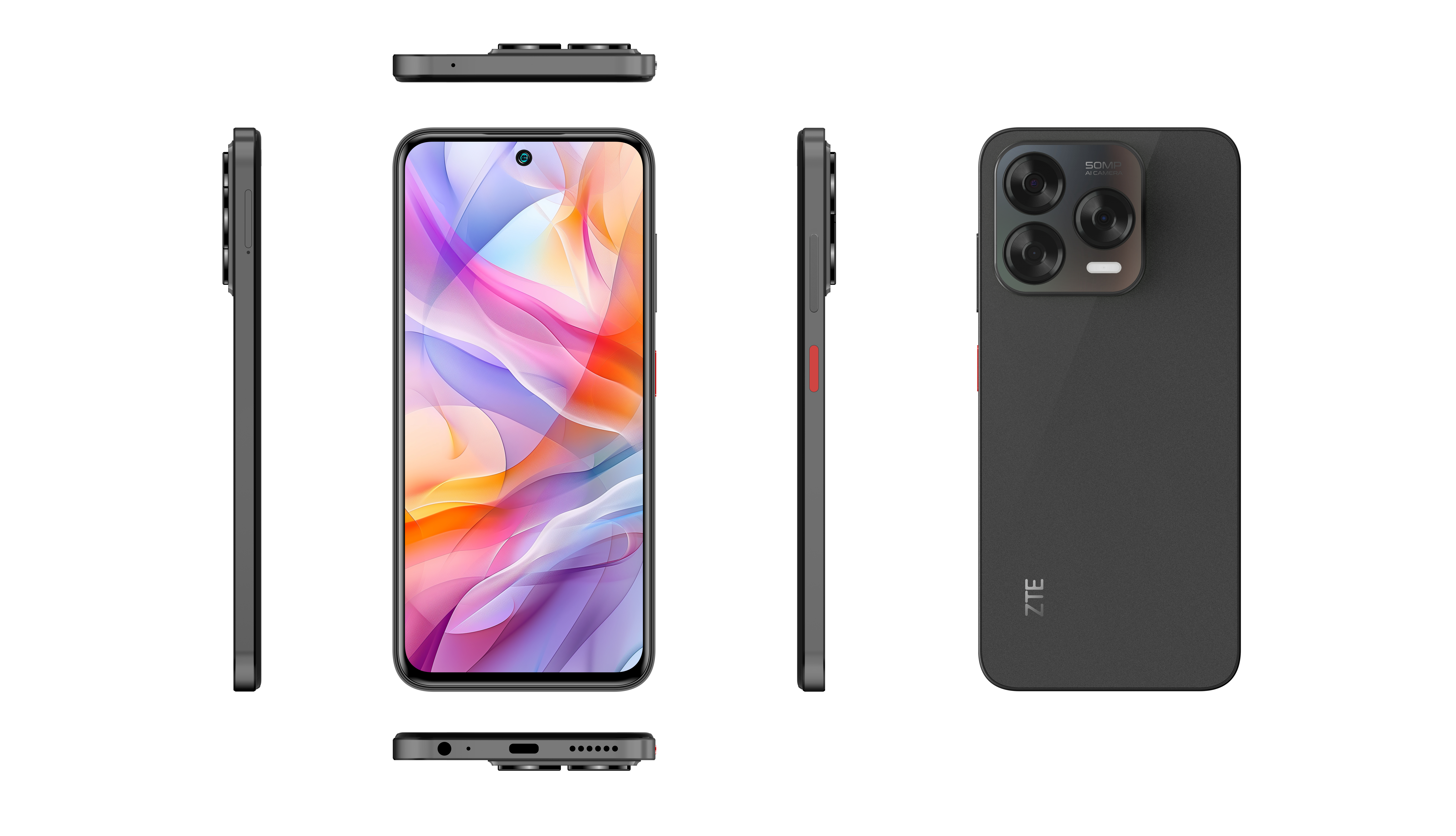 Schwarzes ZTE-Telefon, mehrere Ansichten, Bildschirm an, lebendige Farben, Dreifachkamera.