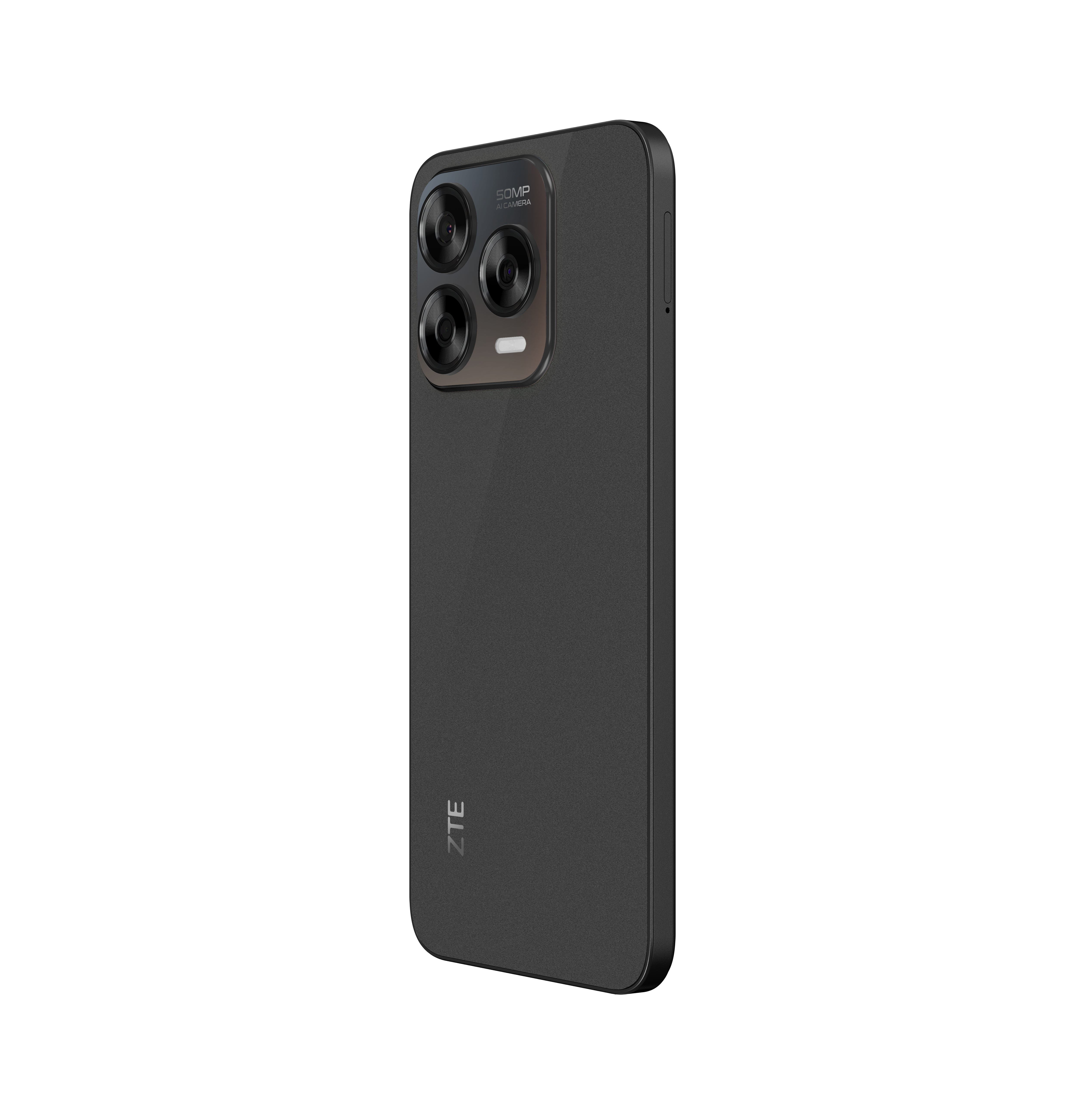 Ein schwarzes Smartphone mit Dreifachkamera und ZTE-Logo.