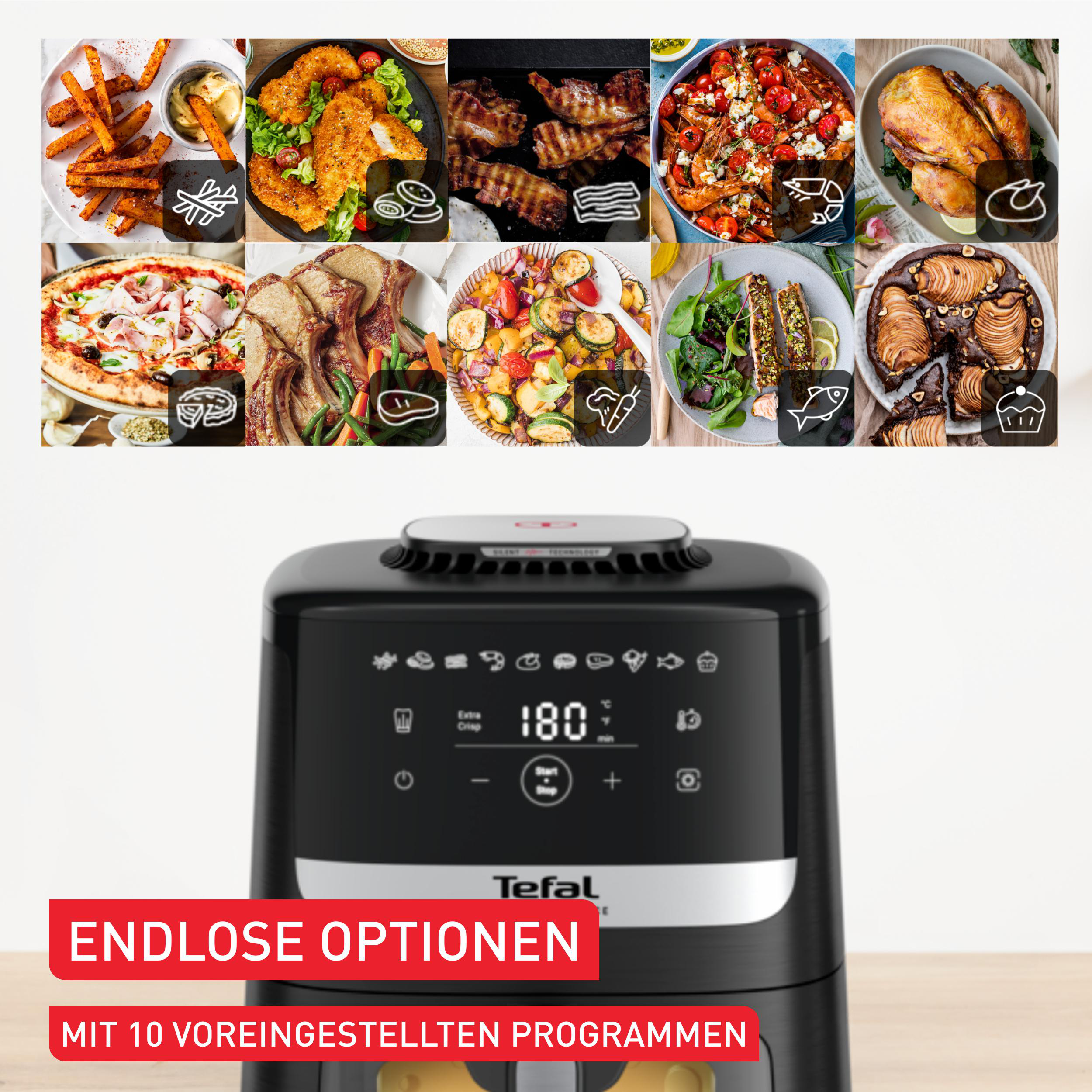 Eine Heißluftfritteuse mit mehreren Bildern von gekochtem Essen darüber und Text darunter.
