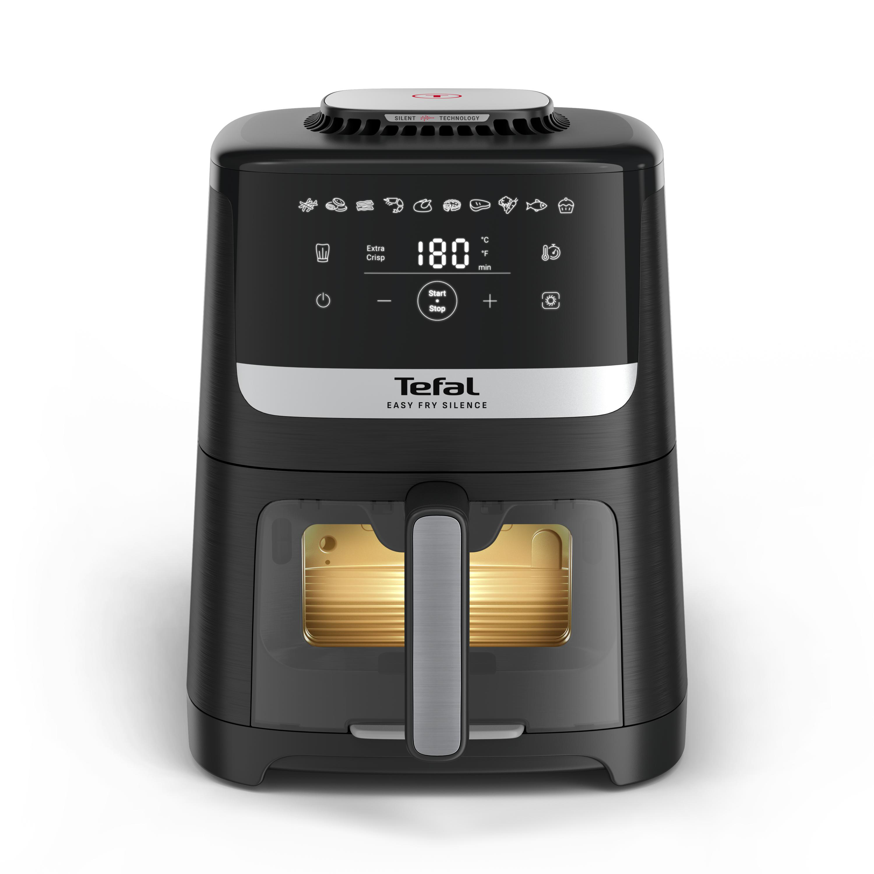 Schwarze Tefal Easy Fry Heißluftfritteuse mit Digitalanzeige, Frontansicht.