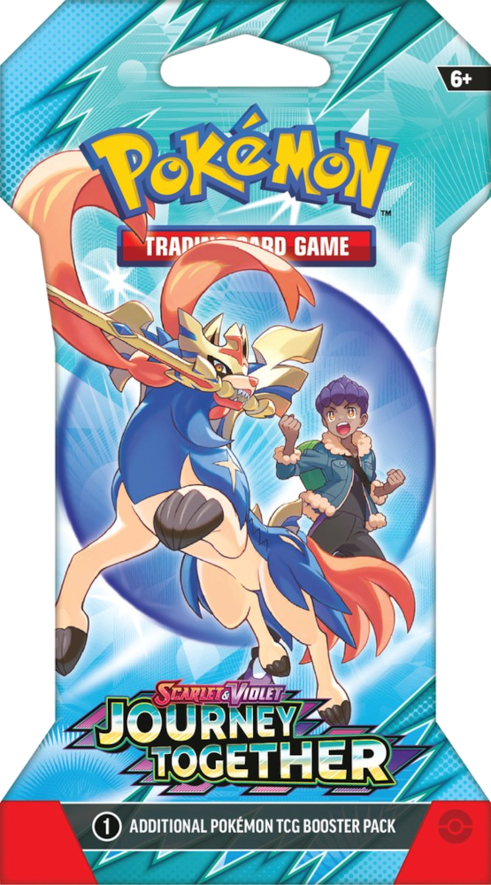 Pokemon trading card pack. Blauw en rood wezen, jongen met hoed.