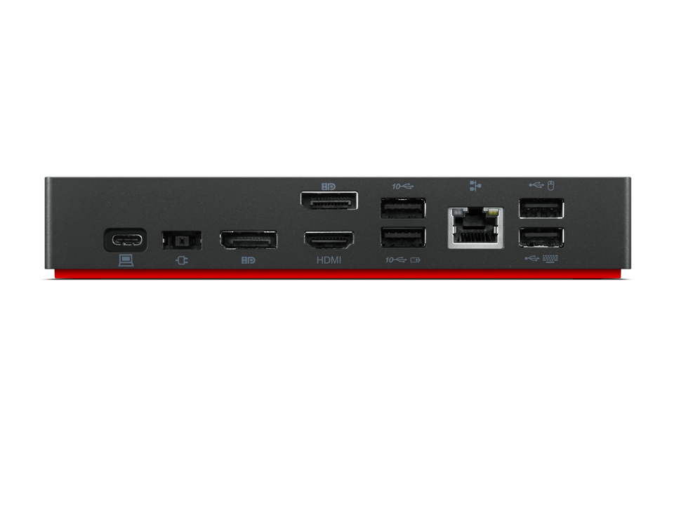 Eine schwarze Lenovo-Dockingstation mit mehreren Anschlüssen, HDMI und USB-C.