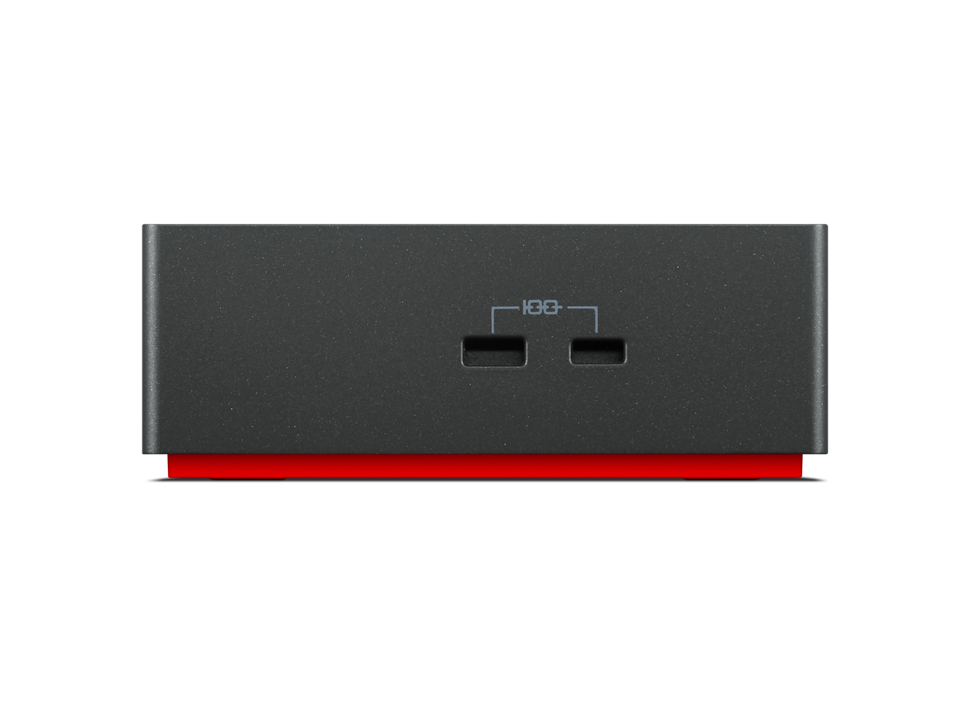 Ein schwarzes Gerät mit USB-Anschlüssen und roter Basis.