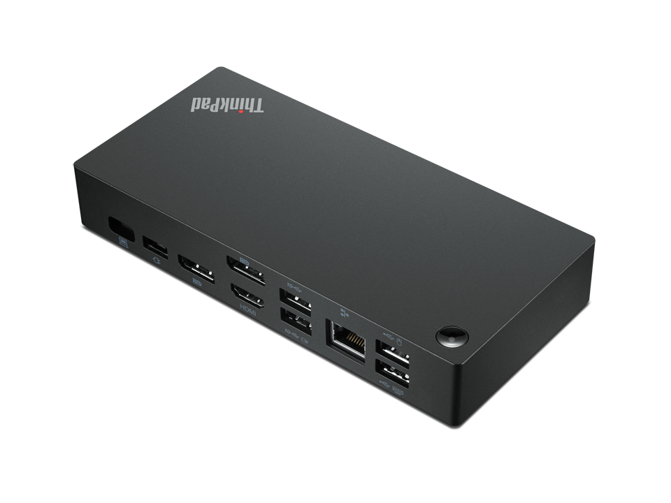 Eine schwarze ThinkPad-Dockingstation mit verschiedenen Anschlüssen.