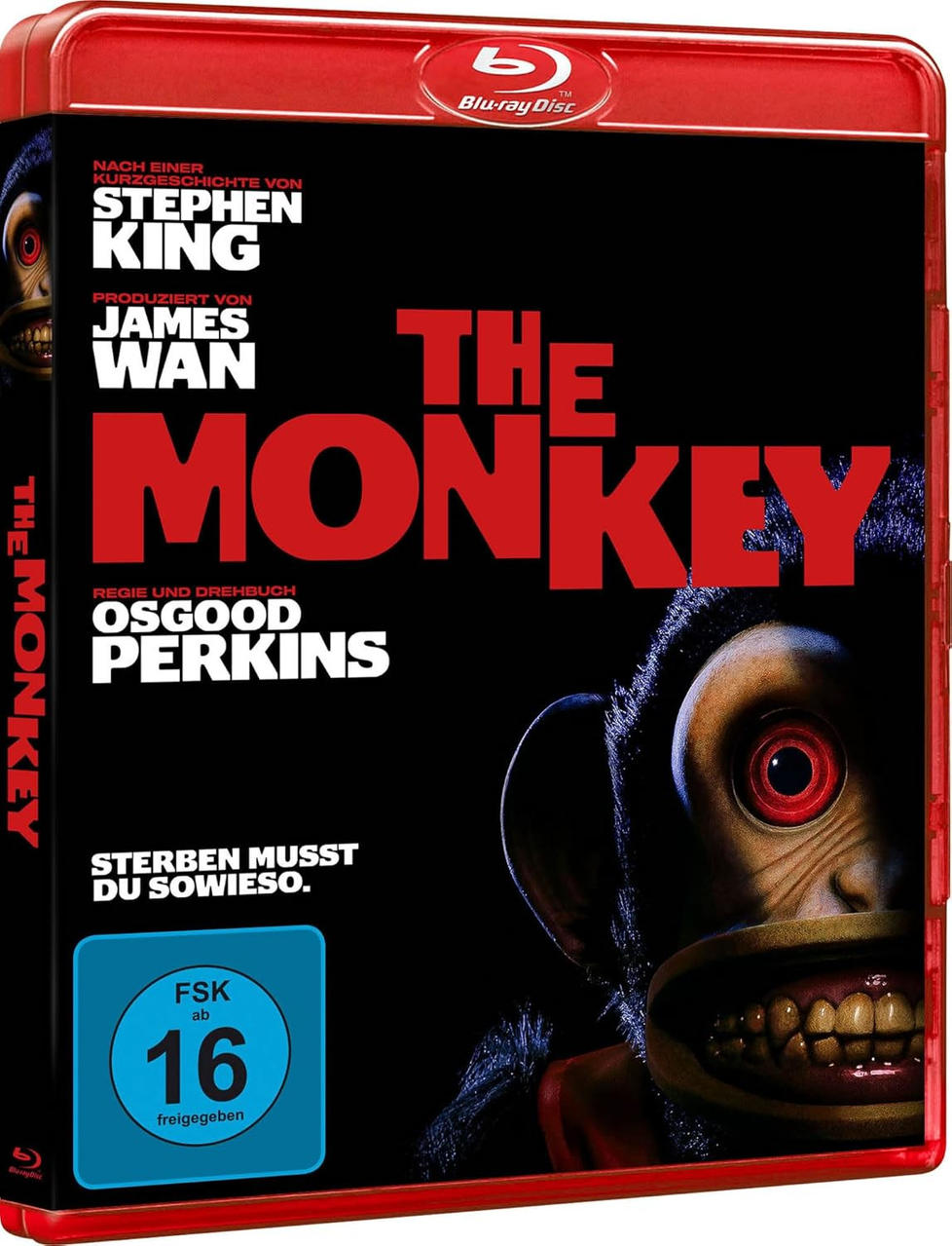 Blu-ray-Filmcover mit einem Affen, dem Titel "The Monkey" und Bewertungsinformationen.