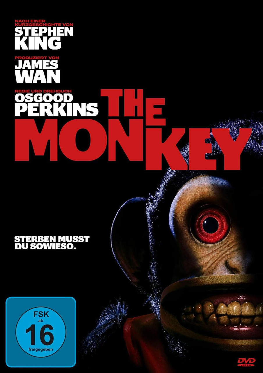 Filmposter für 'The Monkey'. Ein gruseliges Affengesicht mit roten Augen ist auf schwarzem Hintergrund zentriert.