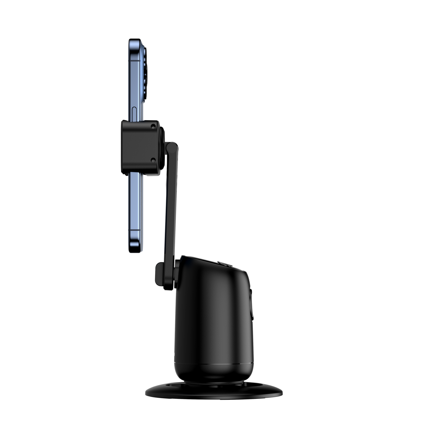 Black phone holder with a phone attached, on a black stand.