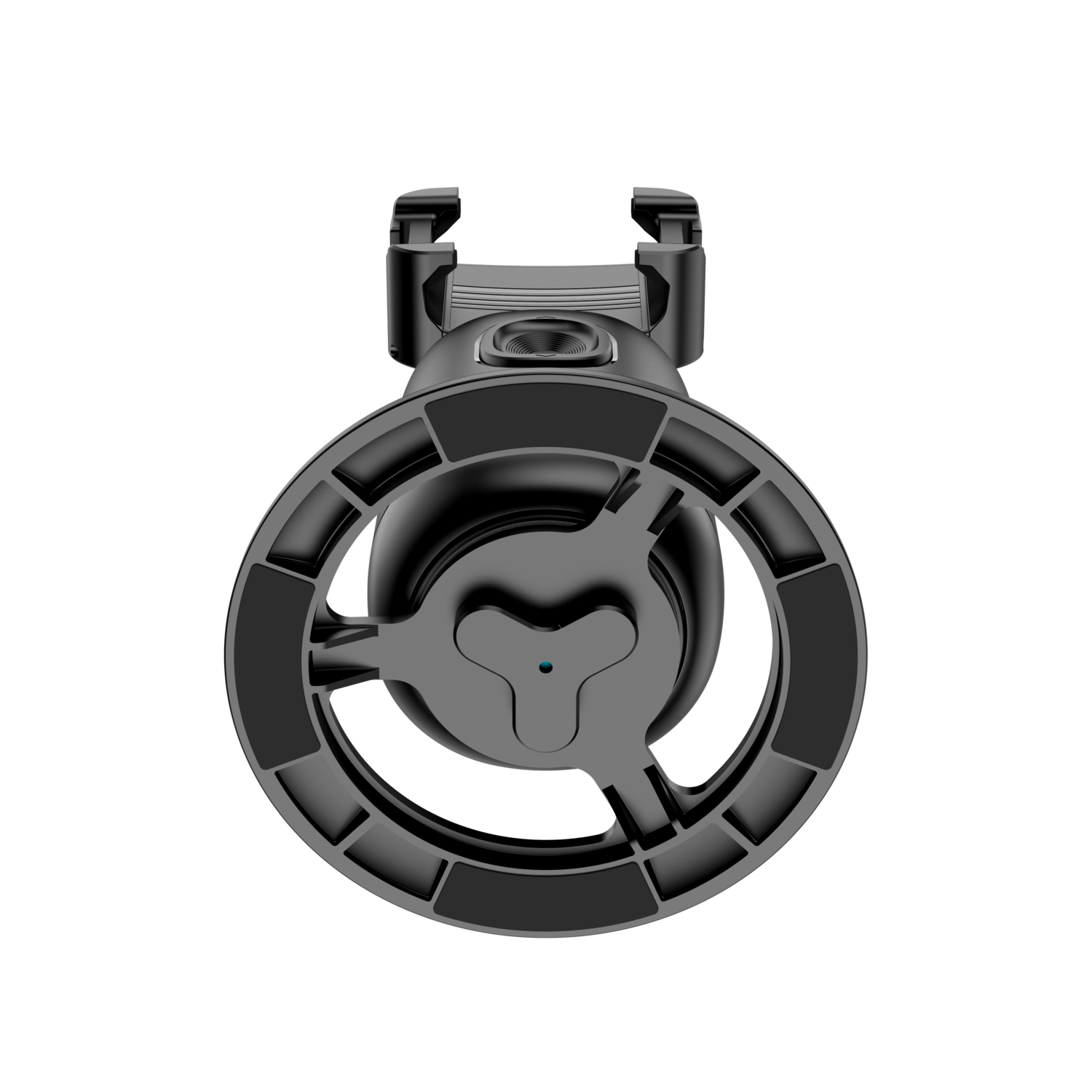 Black phone holder, top view, with circular design.