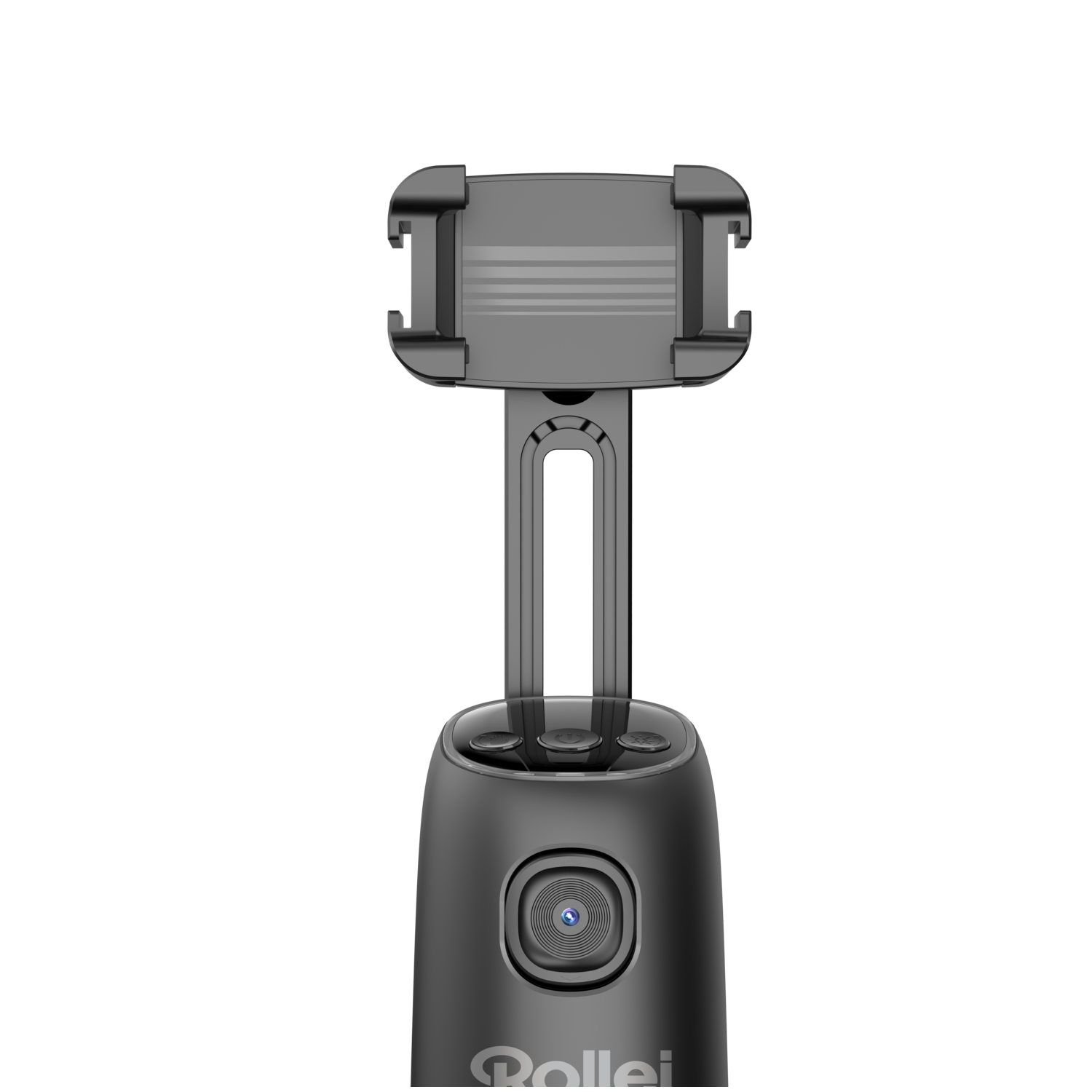 Black selfie stick with a phone holder, buttons, and a camera at the base.