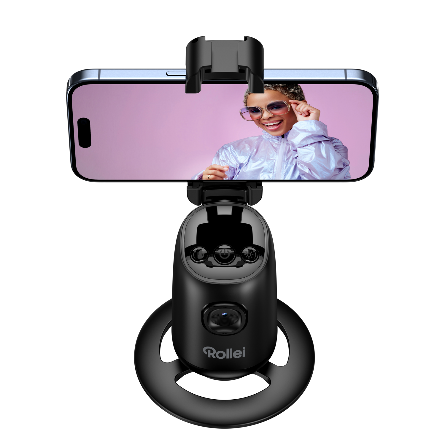 A black phone holder with a phone displaying a woman smiling. Black background.