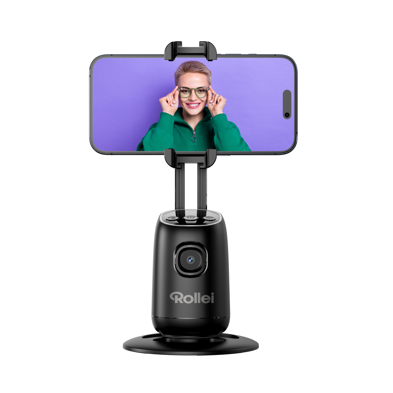 Black phone holder with a smartphone showing a woman.