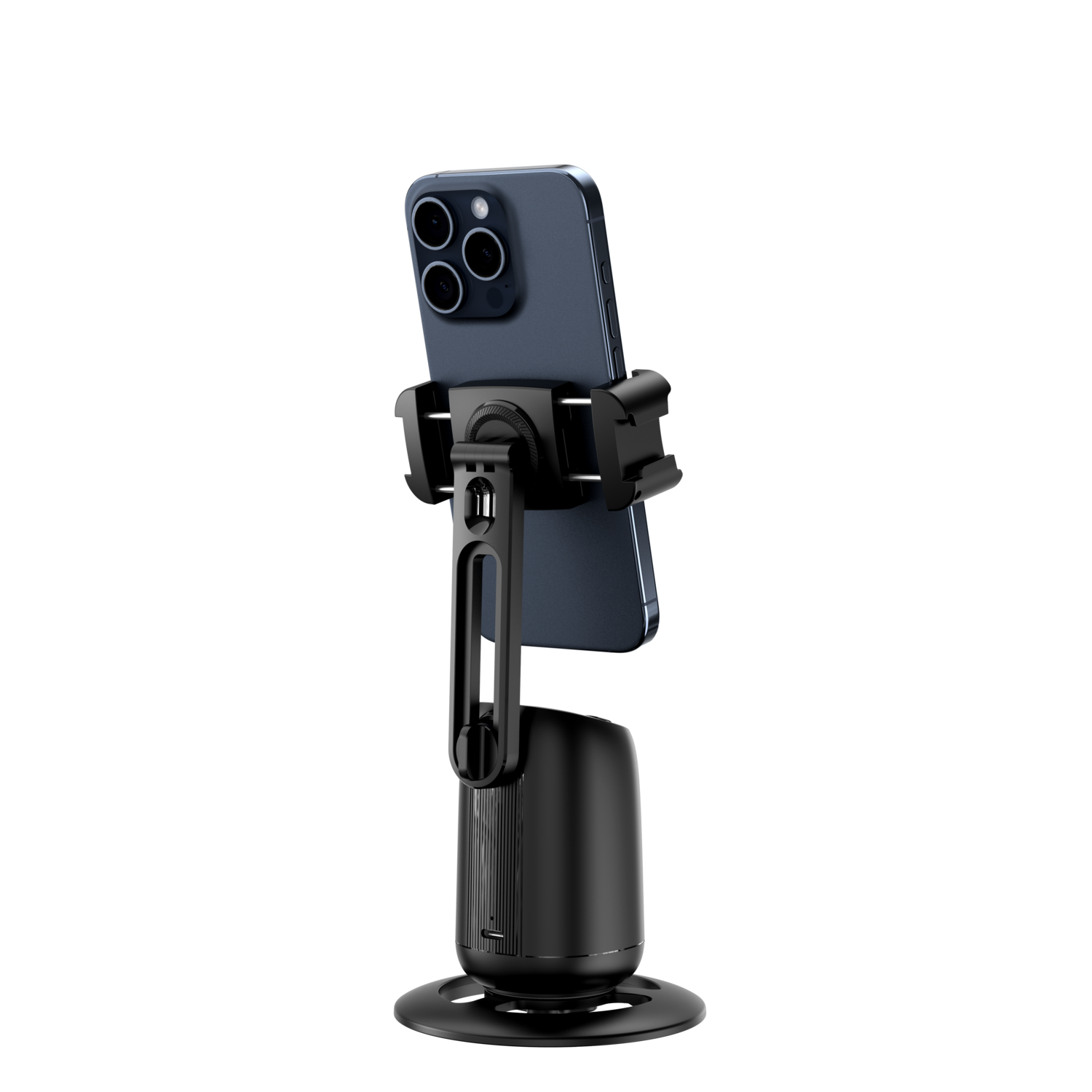 Black phone holder with a phone attached, on a black surface with a black background.