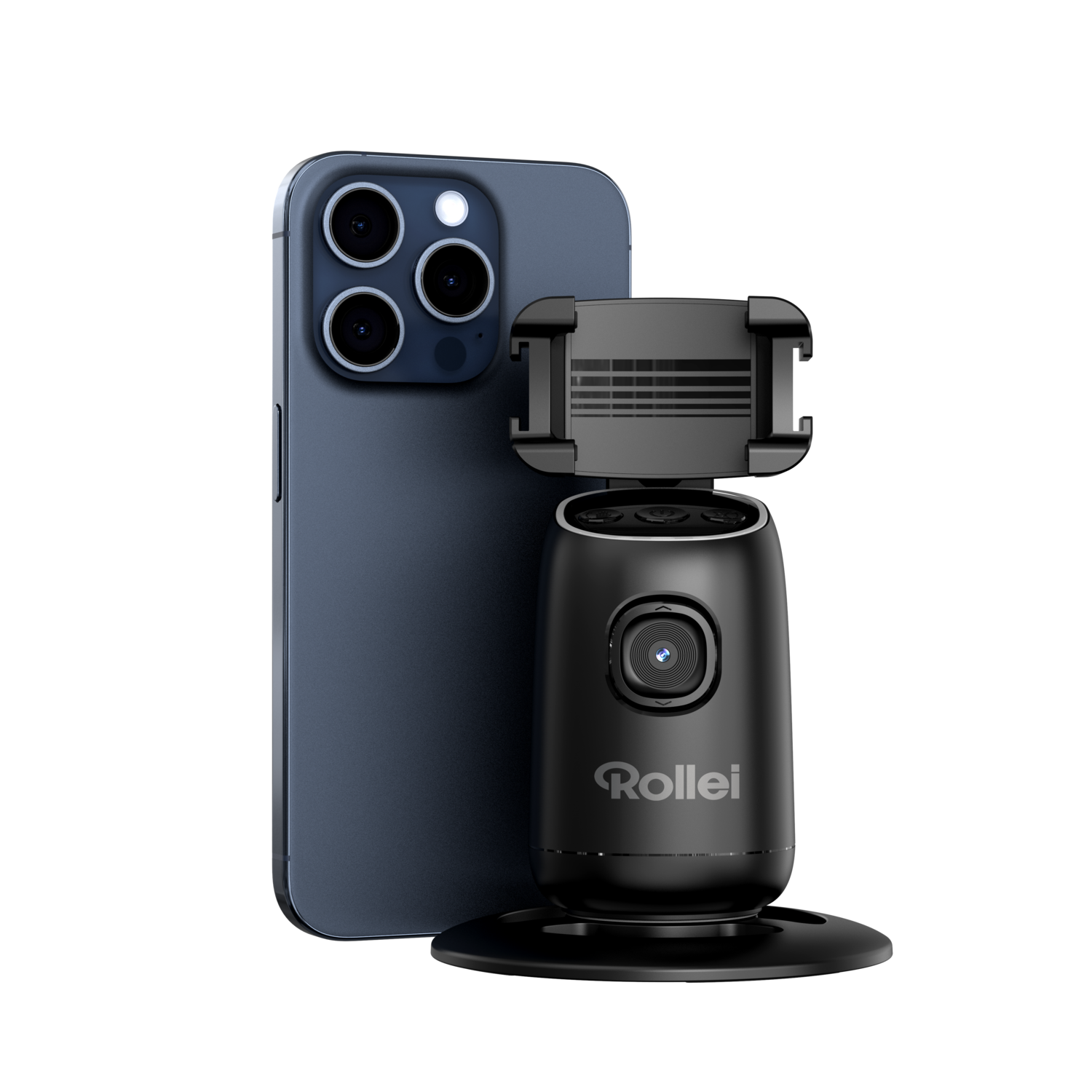 Black Rollei camera stabilizer with a phone attached. A dark blue phone is next to it. Black background.
