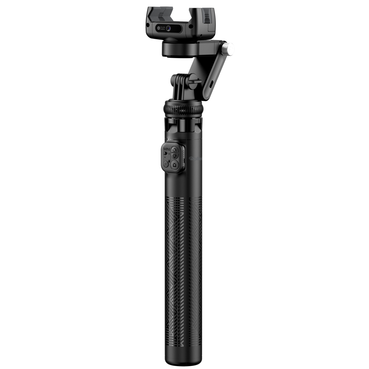 Zwarte selfiestick met een camera bovenop en bedieningsknoppen. De grip is getextureerd.
