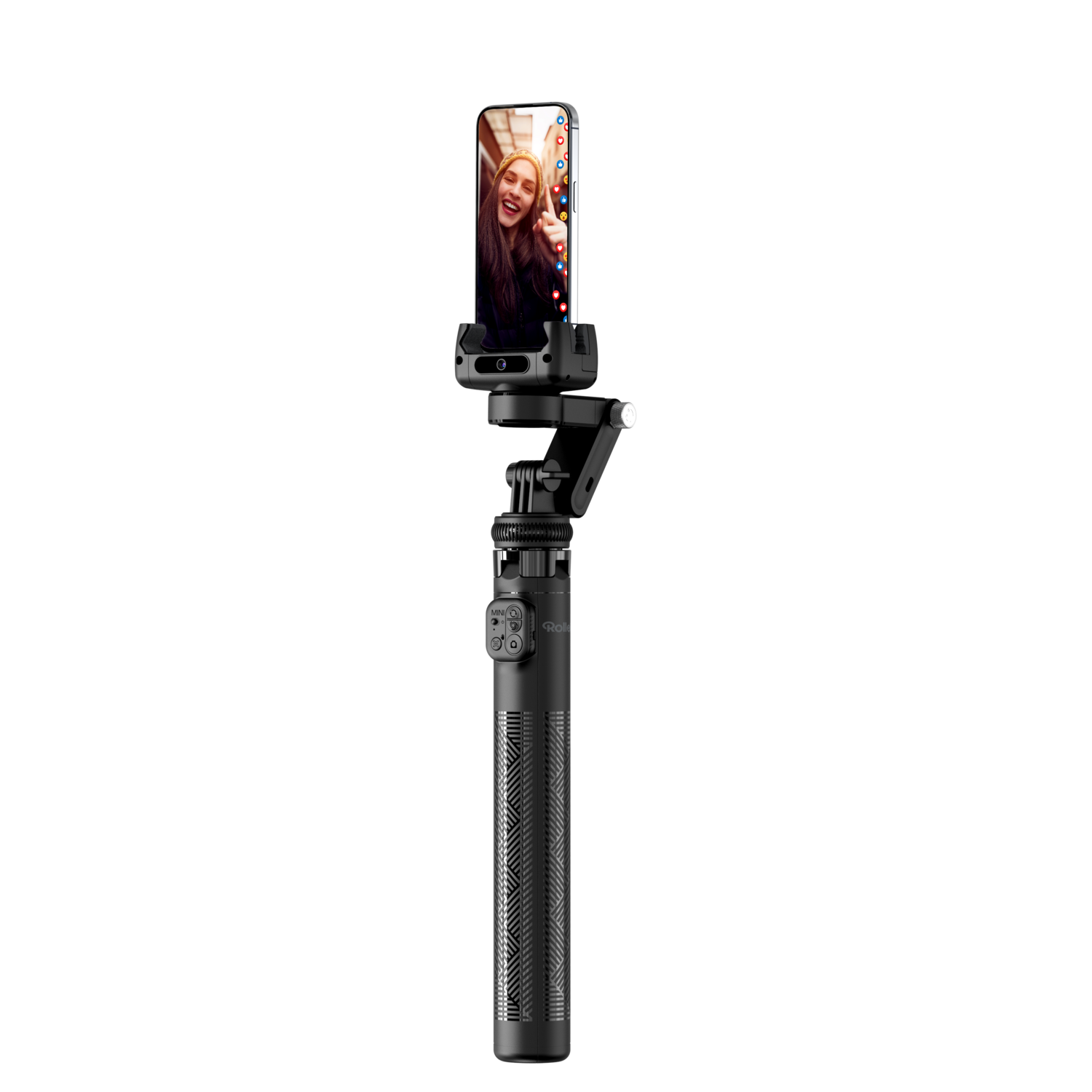 Zwarte selfiestick met telefoon bevestigd, met een lachende vrouw op het scherm, tegen een zwarte achtergrond.