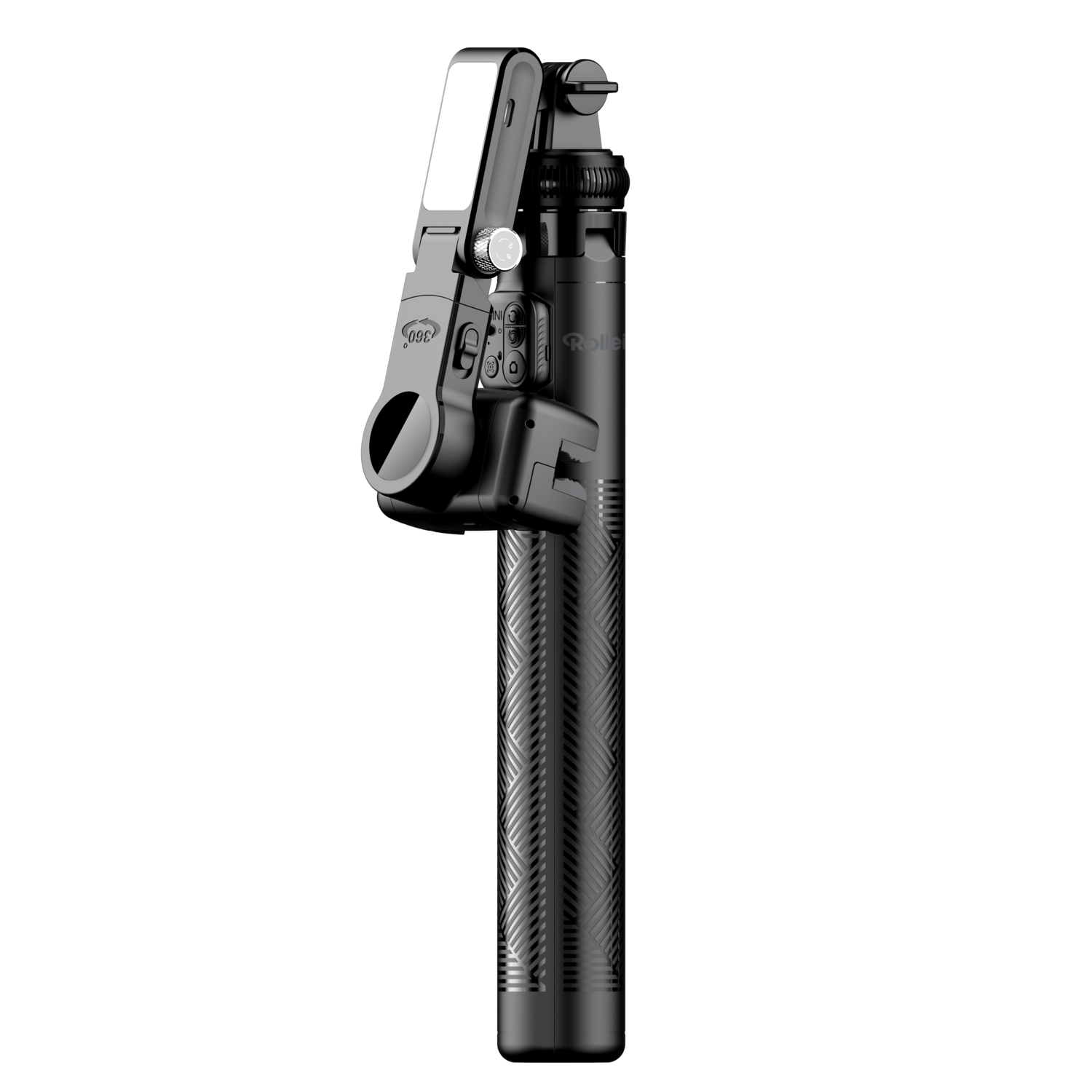 Zwarte selfiestick met een telefoonhouder en een 360-graden rotatiemechanisme.