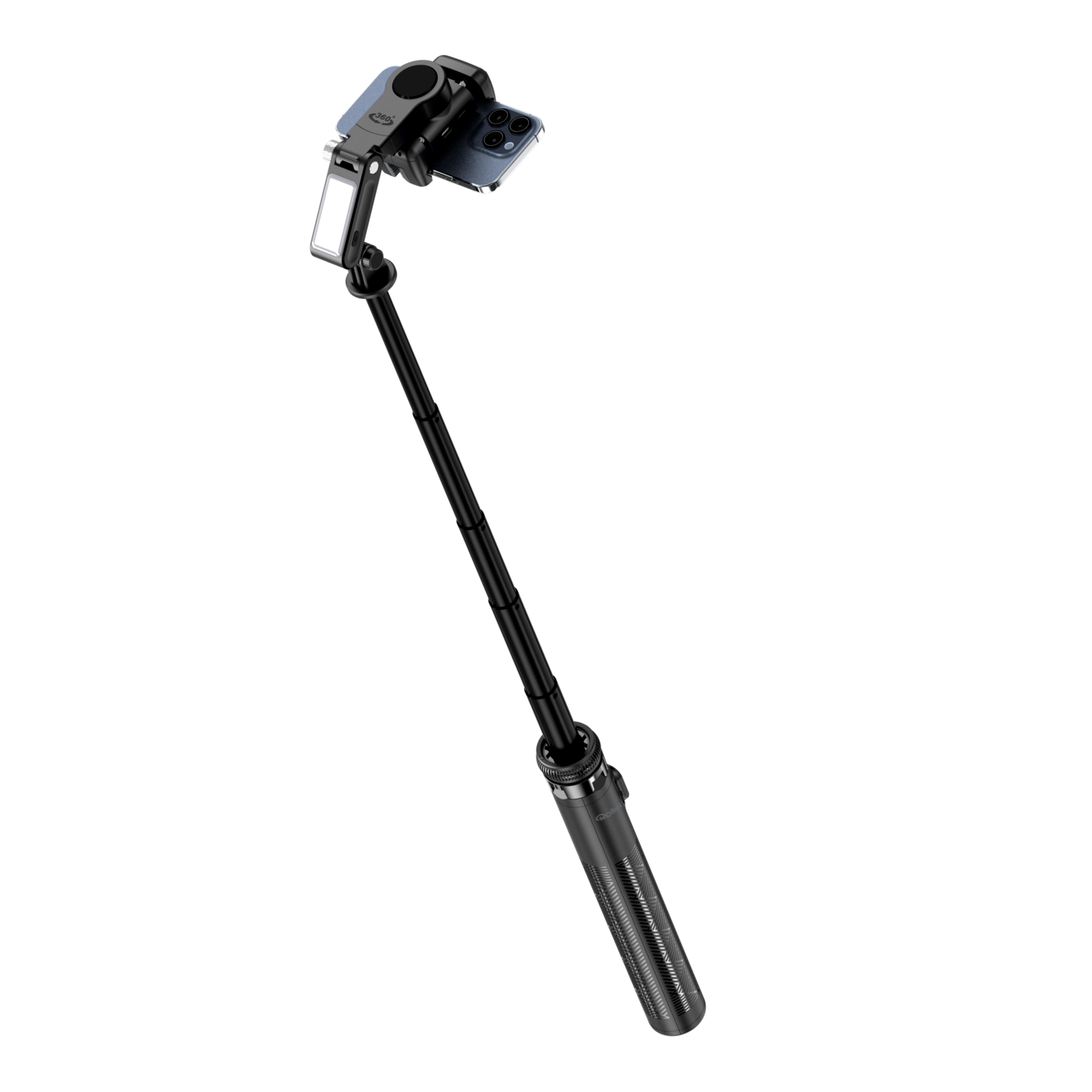 Zwarte selfiestick met telefoon bevestigd. Zwarte achtergrond. Licht en microfoon.