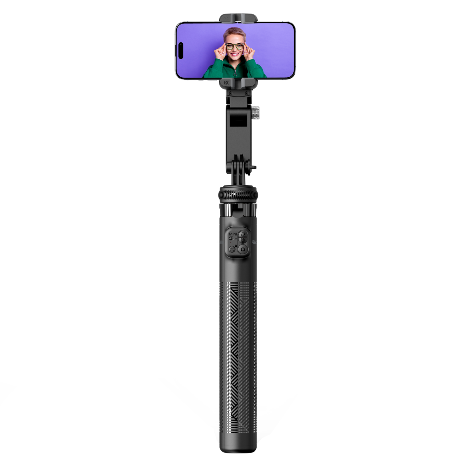 Zwarte selfiestick met een telefoon waarop een lachende persoon met een bril te zien is.