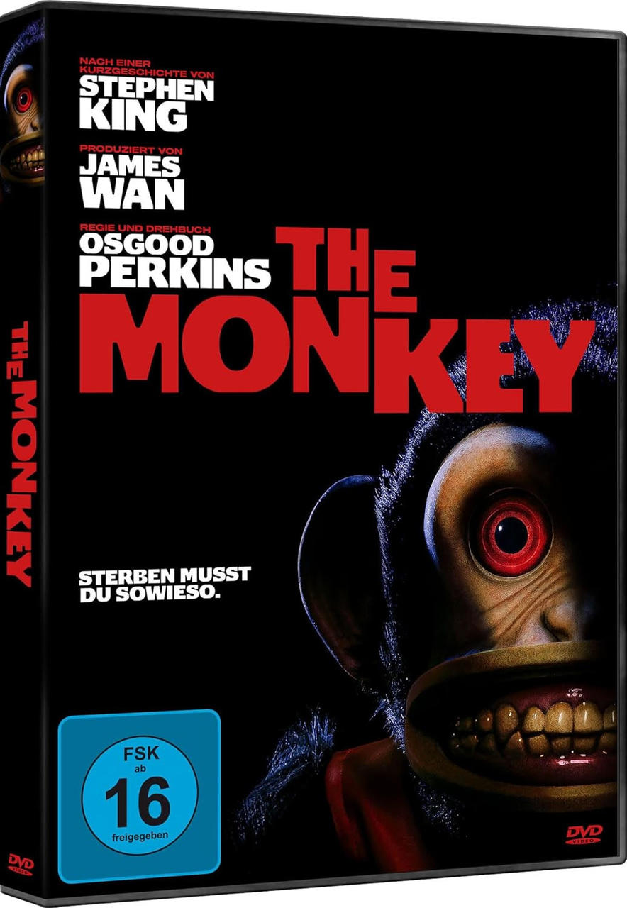 DVD-Cover für 'The Monkey'. Ein Affe mit roten Augen vor schwarzem Hintergrund.