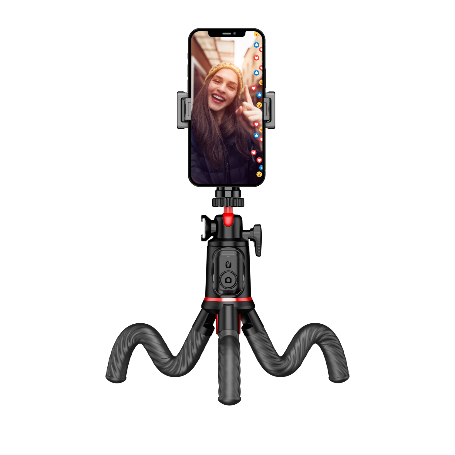 A phone on a tripod displays a woman on a live stream. The tripod is black and red.